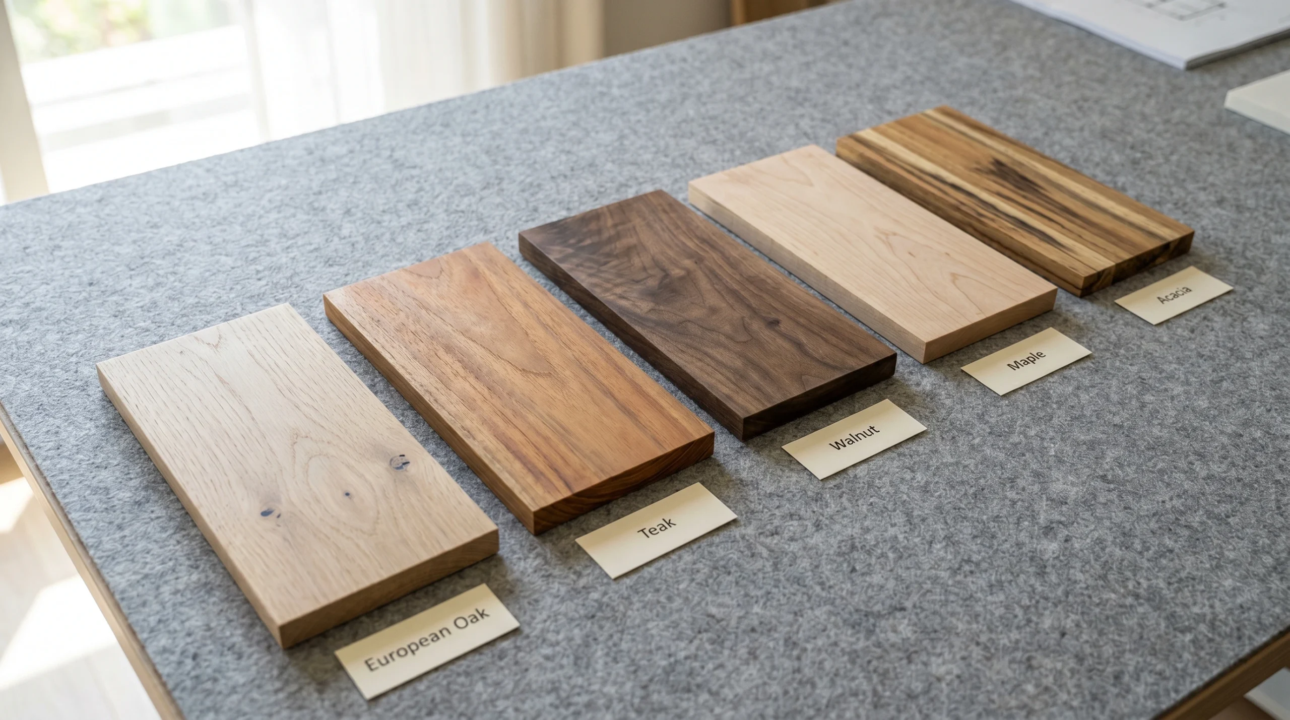 Hardwood flooring species comparison Dubai showing oak teak walnut maple and acacia samples