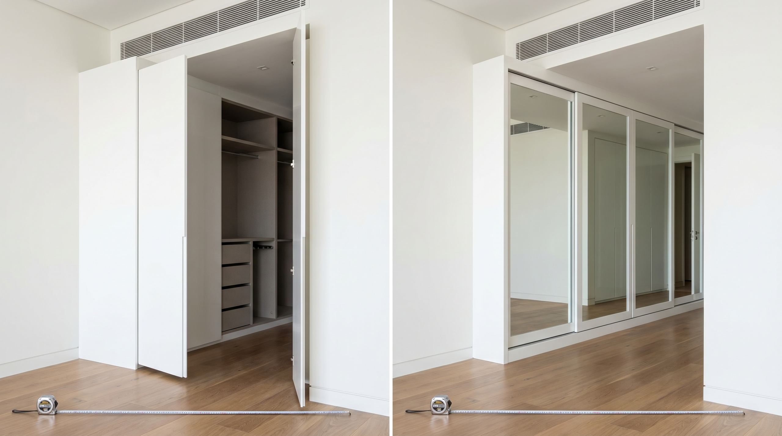 Comparison of hinged versus sliding wardrobe door clearance measurements for built-in wardrobes in Dubai