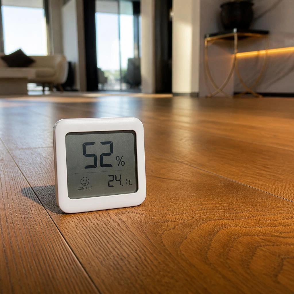 Digital hygrometer monitoring humidity levels for wooden floor care in UAE home