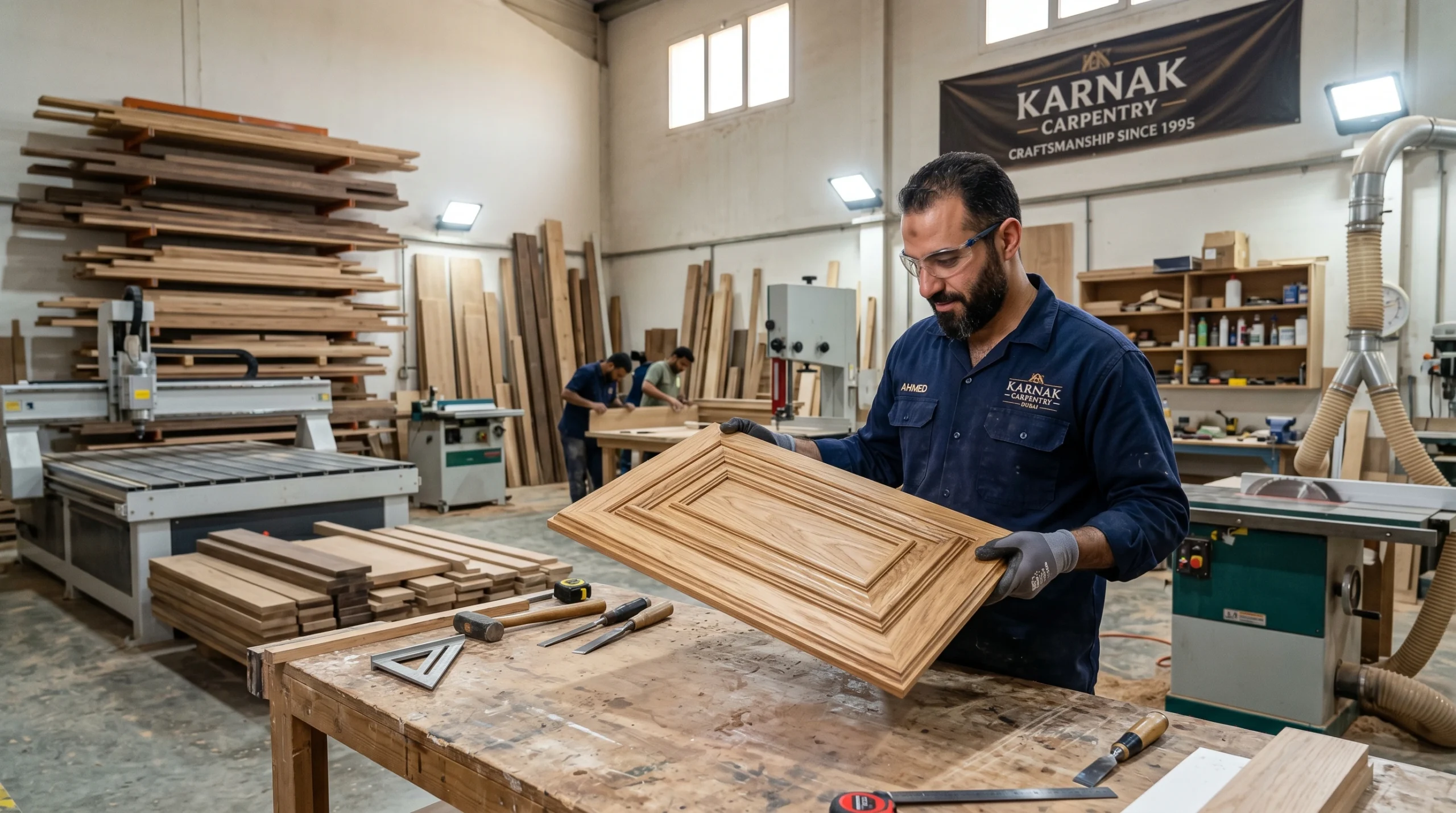 Karnak Carpentry craftsman inspecting cabinet quality in Dubai workshop, demonstrating professional standards