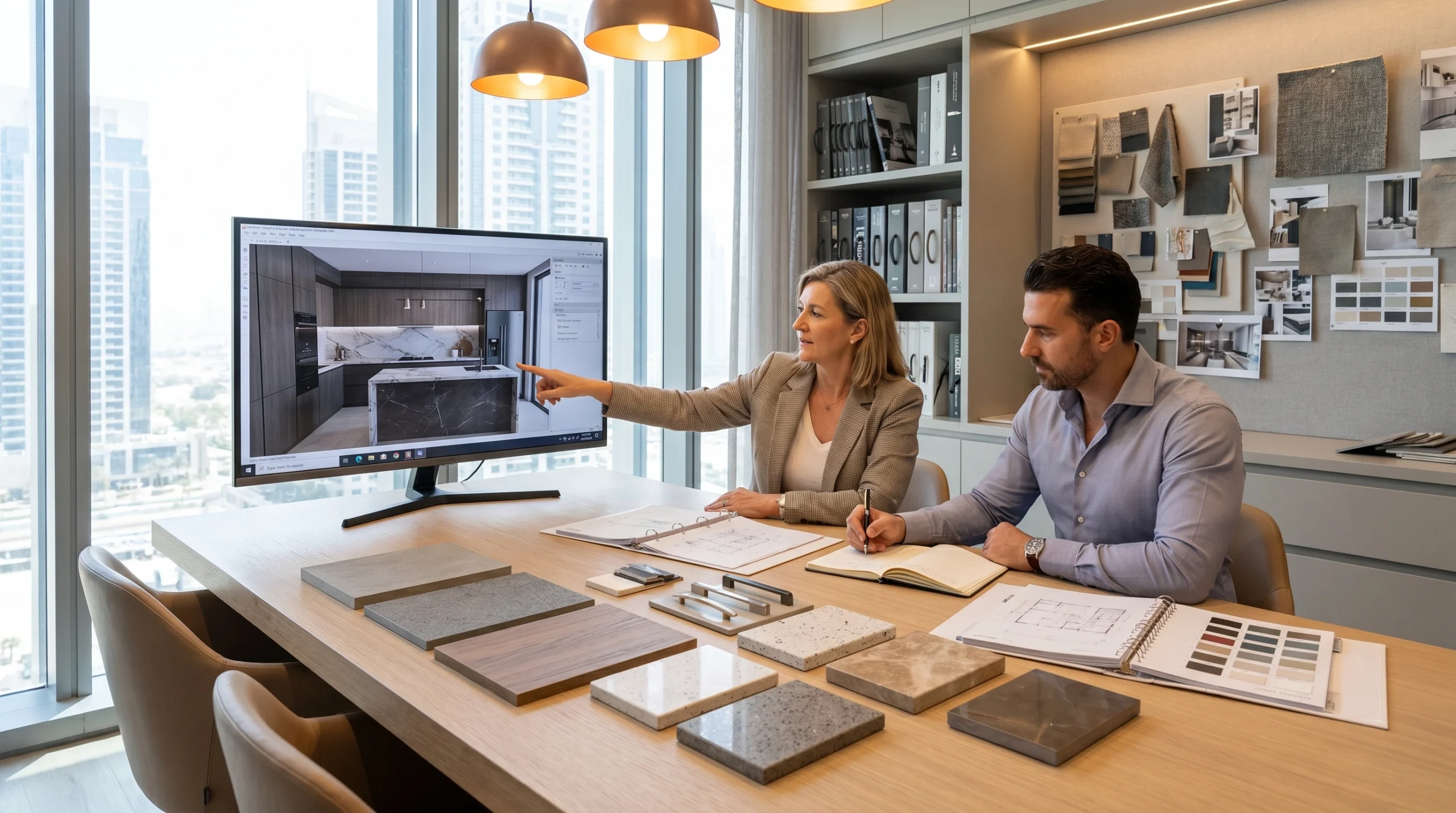 Karnak Carpentry kitchen design consultation Dubai, reviewing 3D plans and material samples