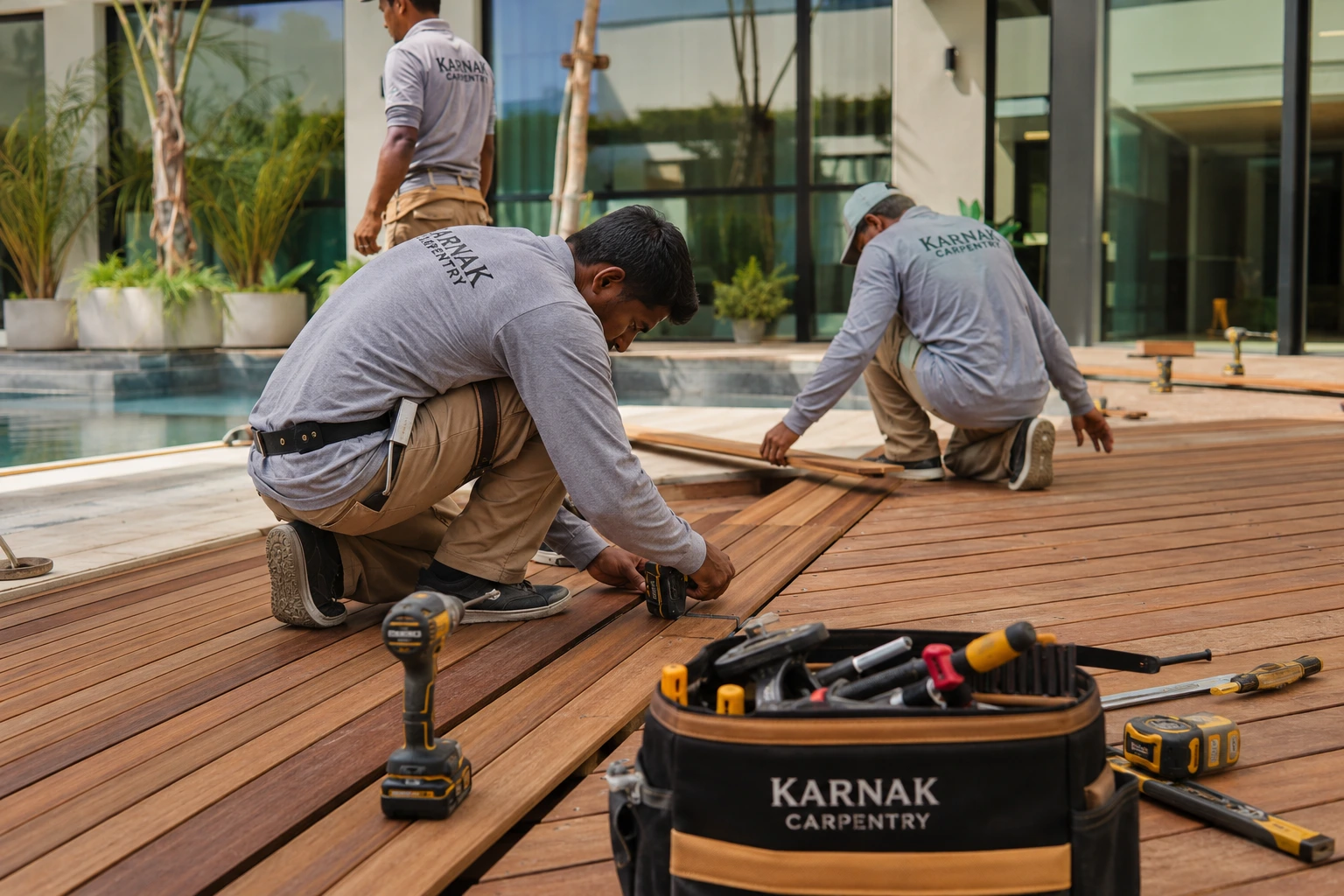 Karnak Carpentry craftsmen installing teak outdoor deck at Dubai villa, expert teak wood outdoor UAE installation