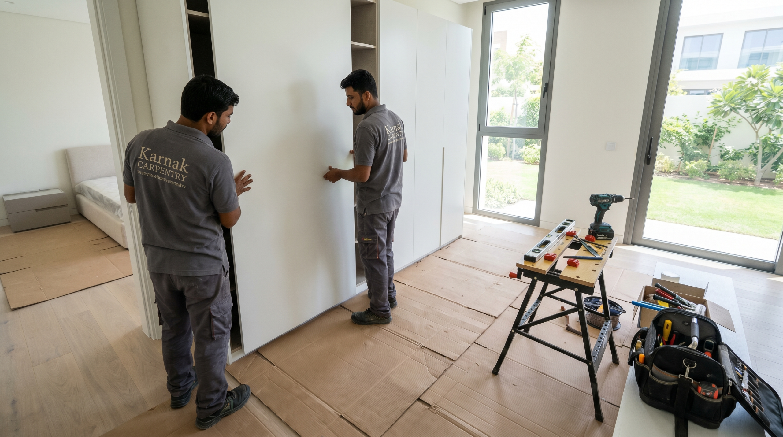 Karnak Carpentry team installing fitted wardrobe in Dubai villa bedroom