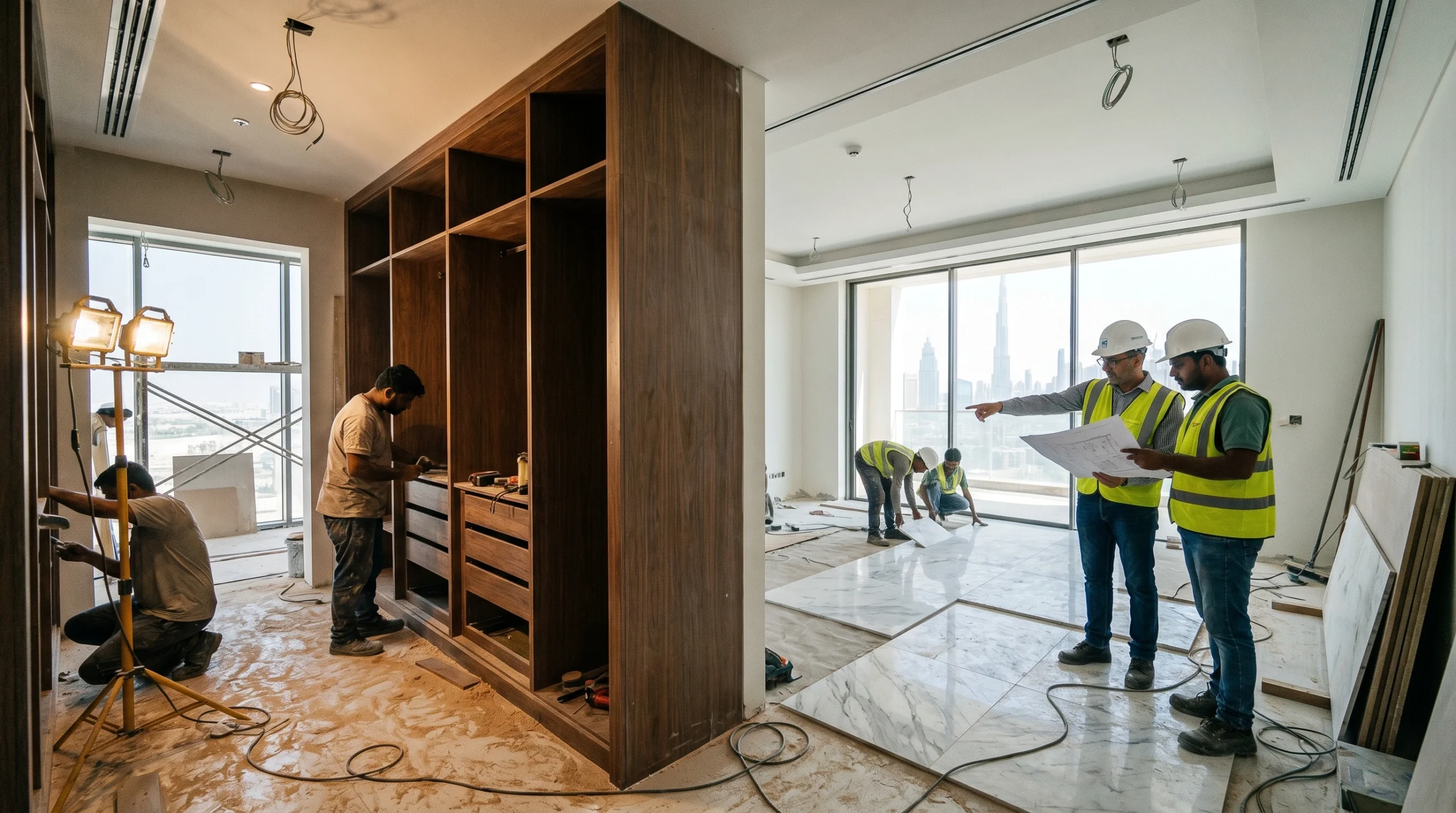 Karnak Carpentry team working on a complete villa fit-out in Dubai including custom joinery flooring installation and bespoke furniture