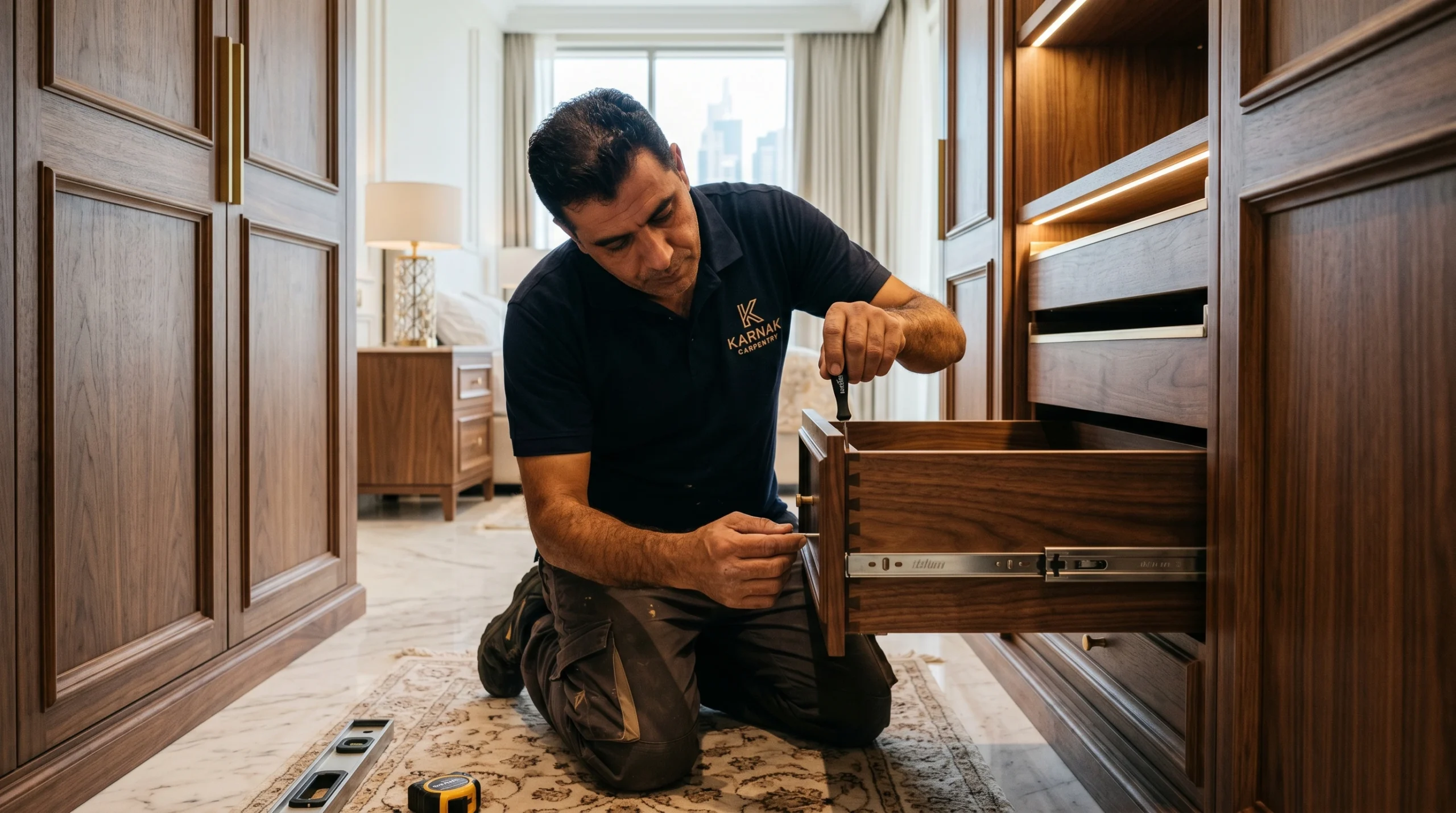 Karnak Carpentry craftsman installing custom built-in wardrobe in Dubai villa