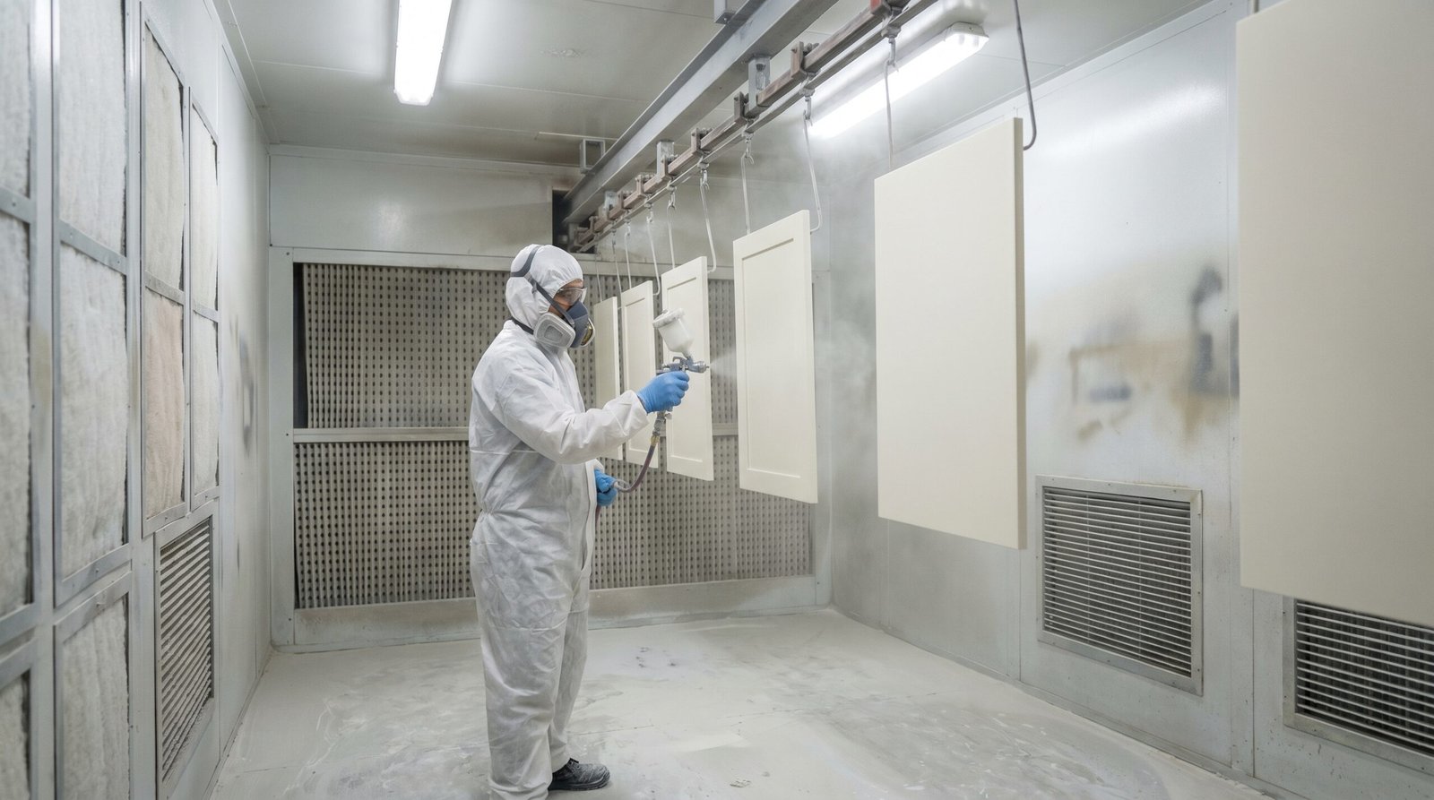 Cabinet door spray finishing process inside Karnak Carpentry's Dubai workshop, applying lacquer to custom kitchen doors