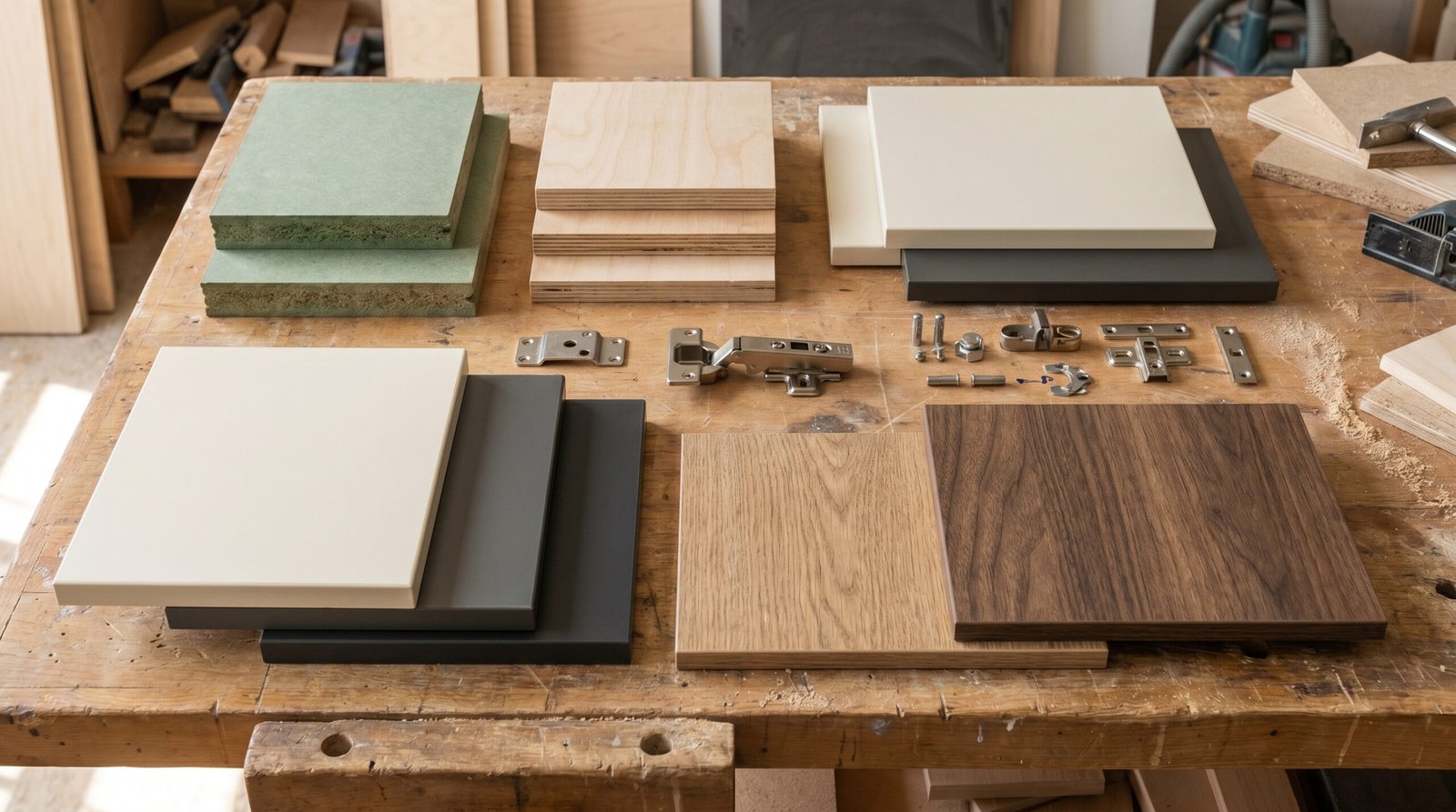 Kitchen cabinet material samples including moisture-resistant MDF, birch plywood, lacquer finishes and hardware used by Karnak Carpentry in Dubai
