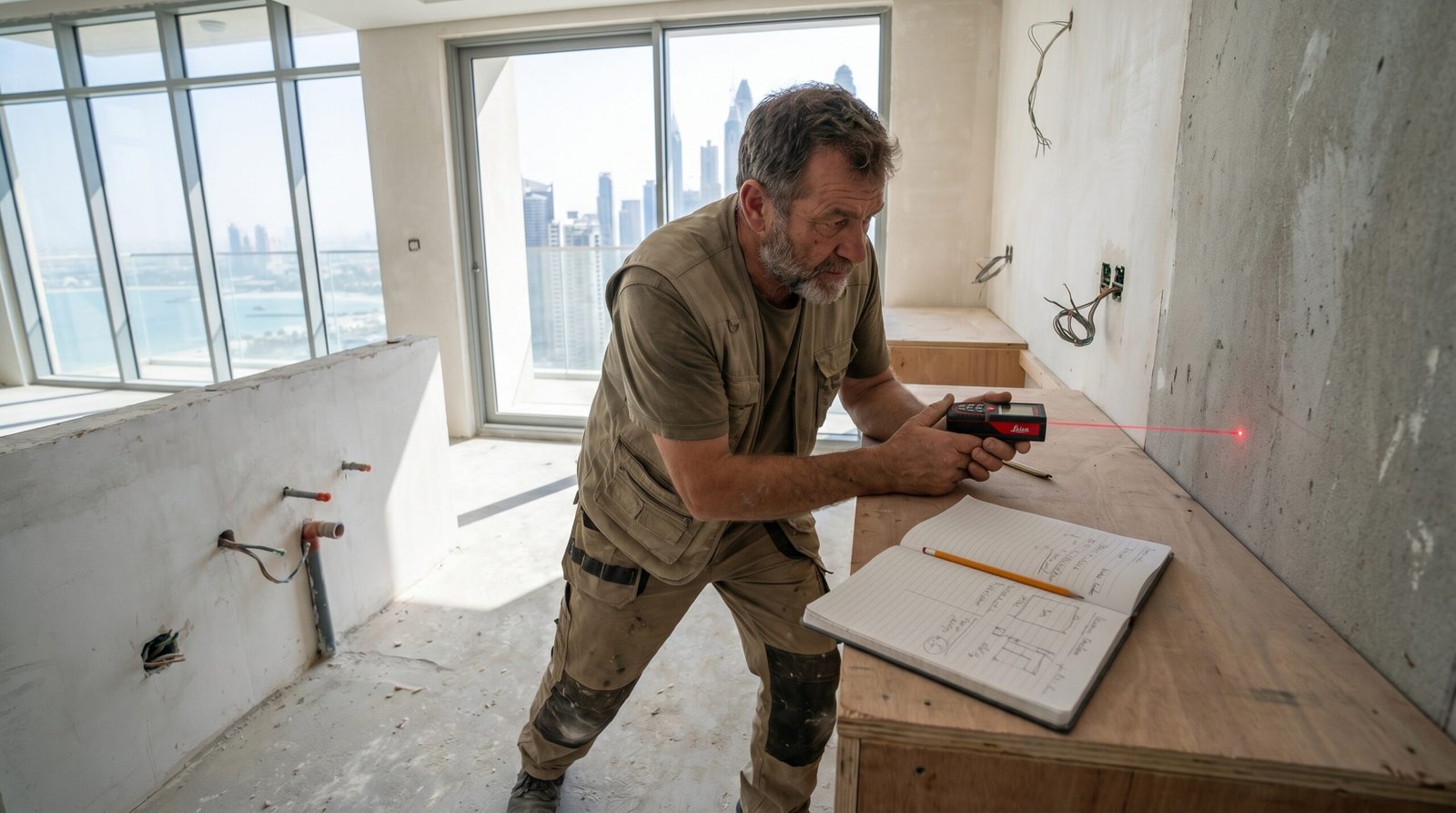  Karnak Carpentry surveyor taking precise laser measurements during a kitchen site survey in a Dubai apartment