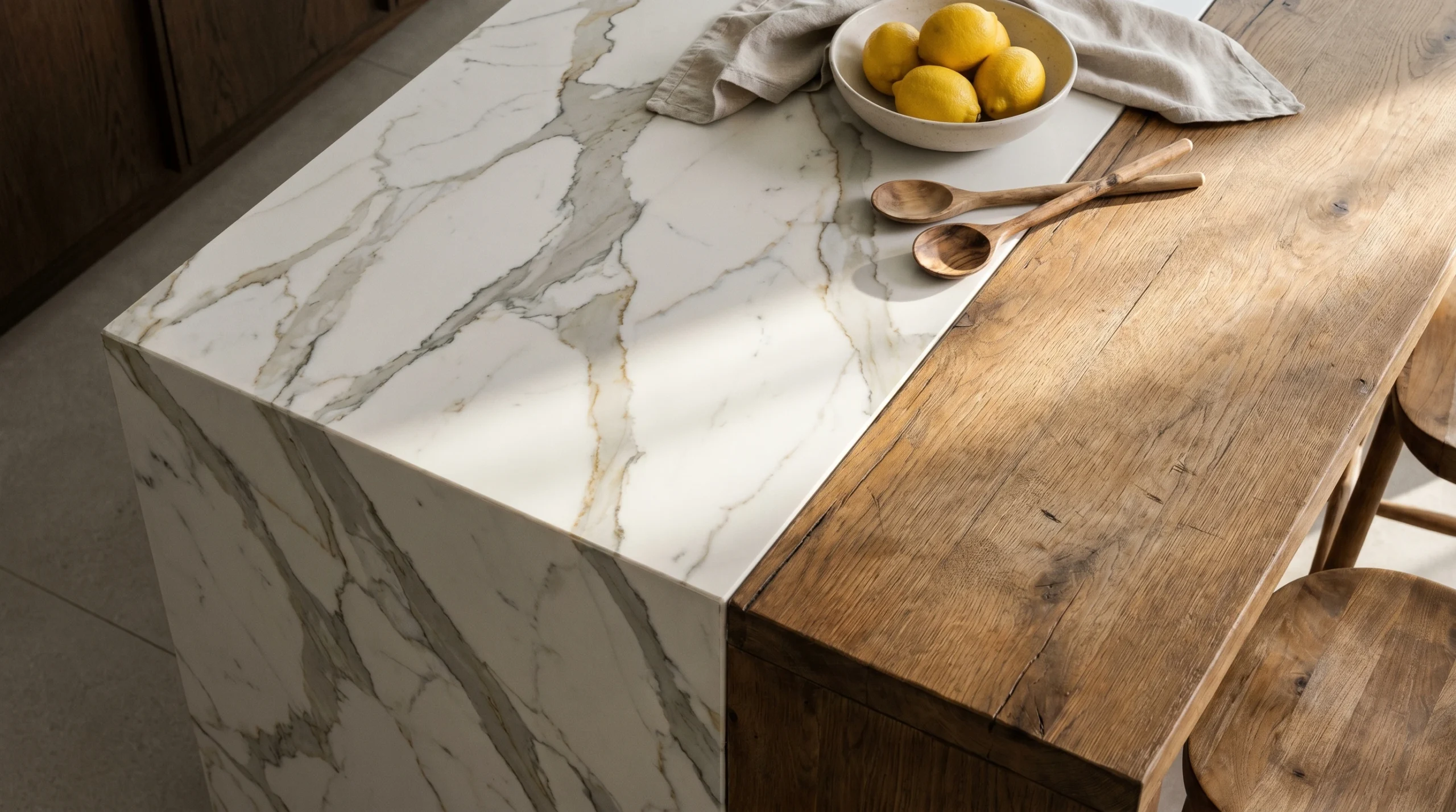 Kitchen worktop material comparison quartz and oak timber in Dubai custom kitchen 2026
