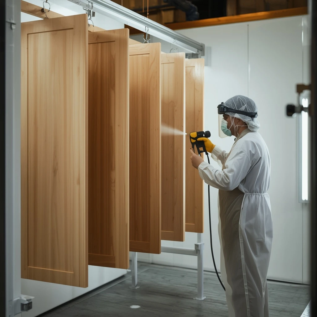 Professional lacquer spray finishing on wood cabinets in Dubai carpentry workshop UAE