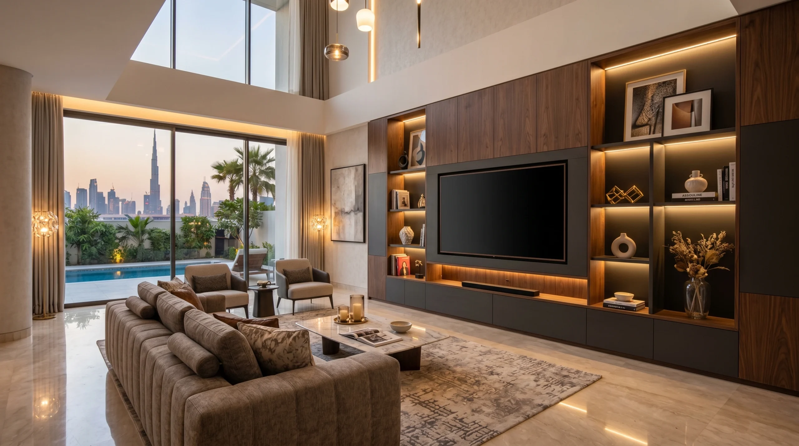 Custom TV wall unit and wall paneling in a Dubai villa living room with concealed storage and display shelving