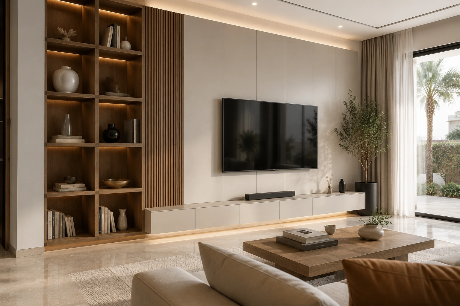 Dubai villa living room featuring lacquered MDF TV unit with solid wood accents, designed and installed by Karnak Carpentry