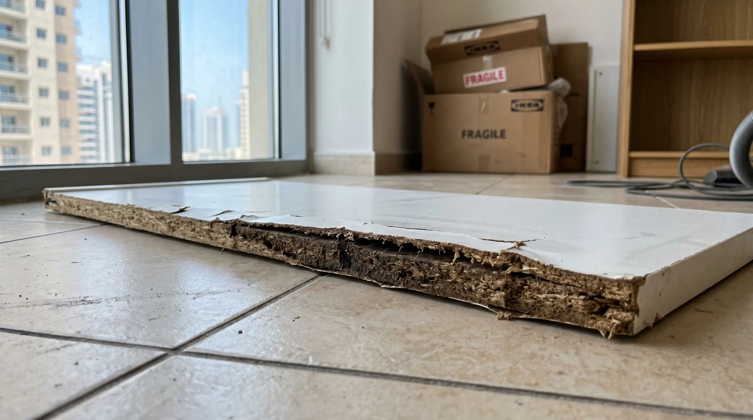 MDF board showing humidity damage and swelling from Dubai climate, carpentry material failure example
