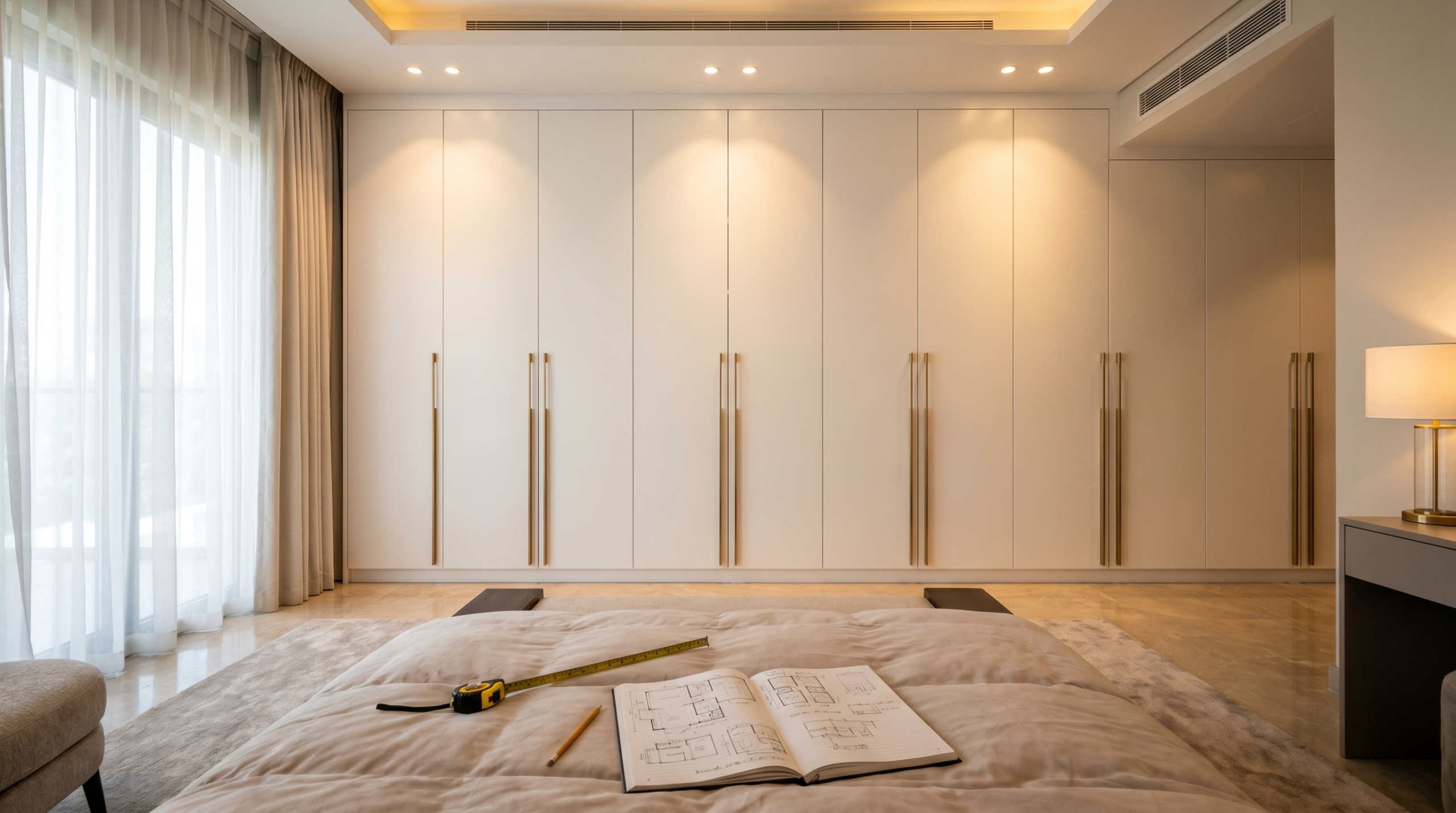 Measuring space for built-in wardrobes in a Dubai villa master bedroom with floor-to-ceiling cabinetry