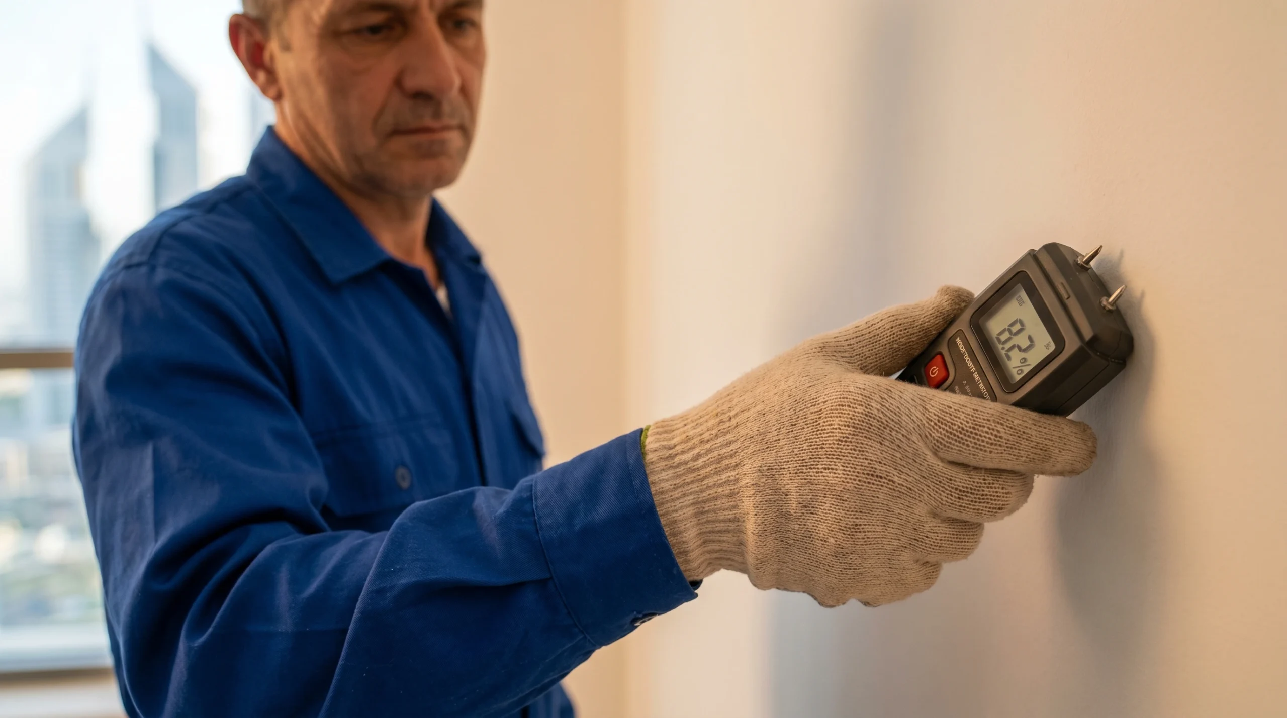 Carpenter testing wall moisture content in Dubai apartment before joinery installation