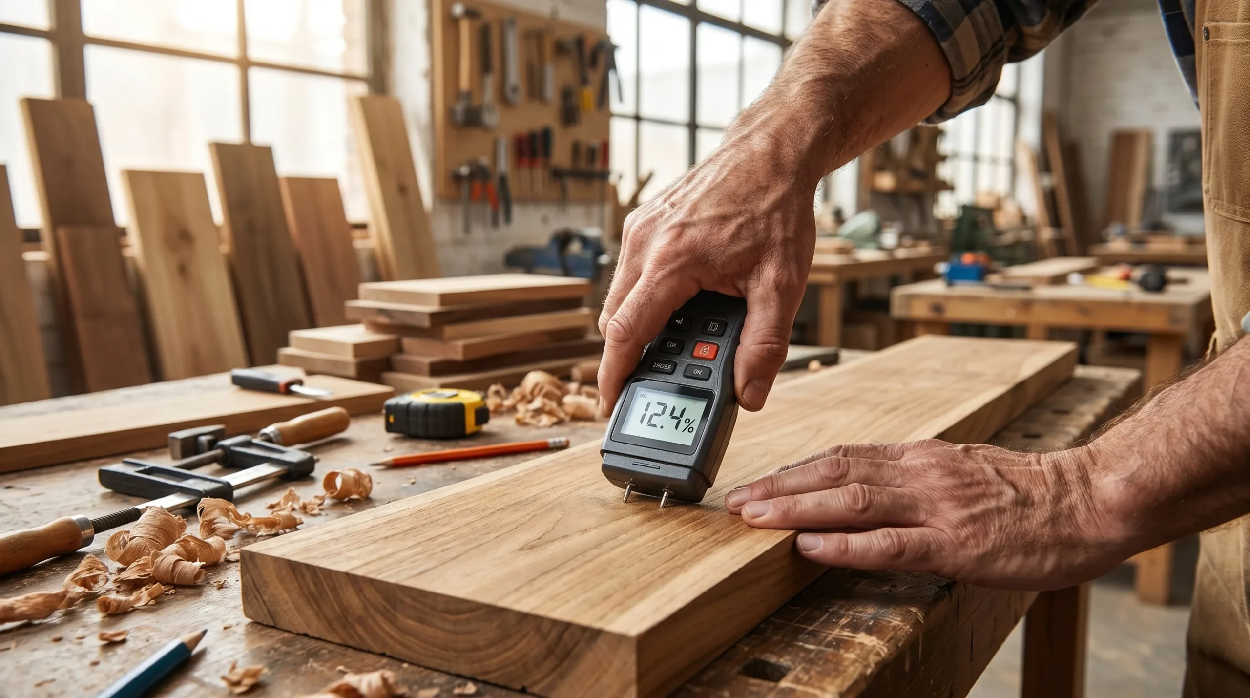 Carpenter testing wood moisture content before Dubai carpentry installation