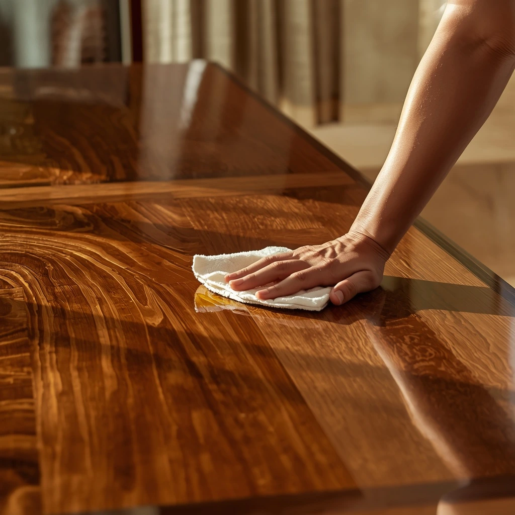 Applying natural oil finish to solid wood dining table in Dubai UAE villa