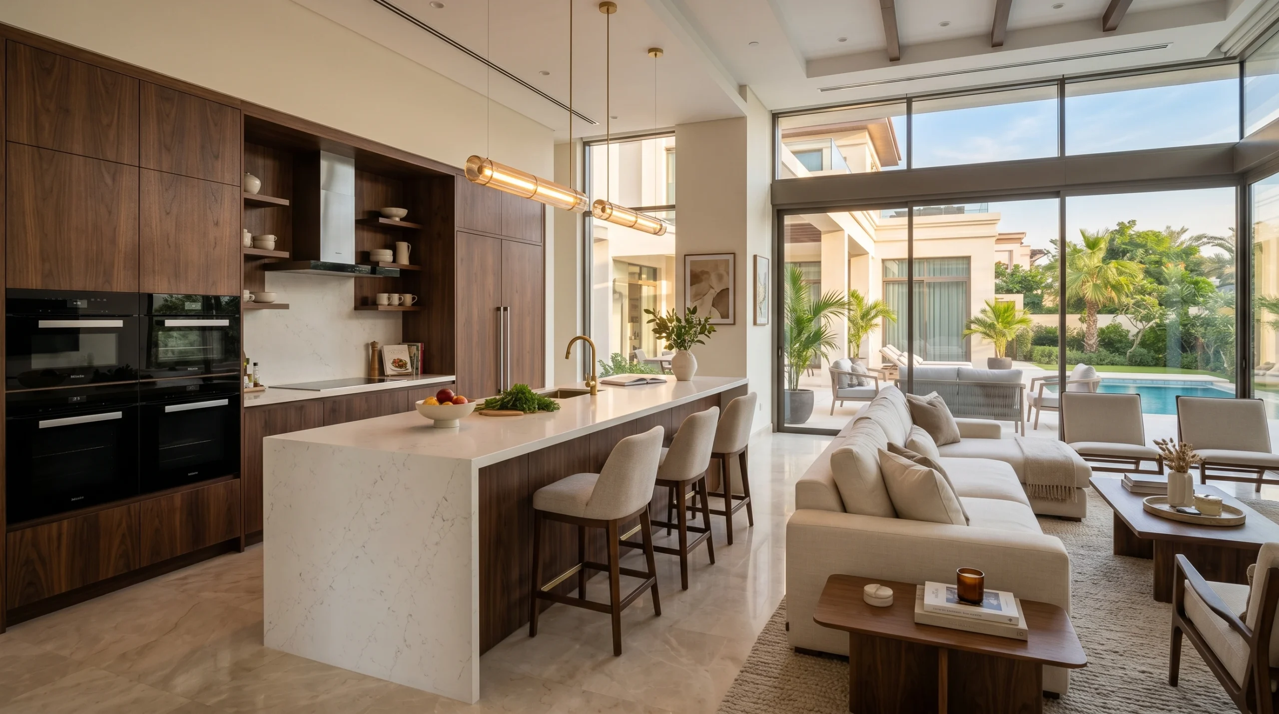 Open-plan kitchen joinery in a Dubai villa with walnut cabinets and stone worktop