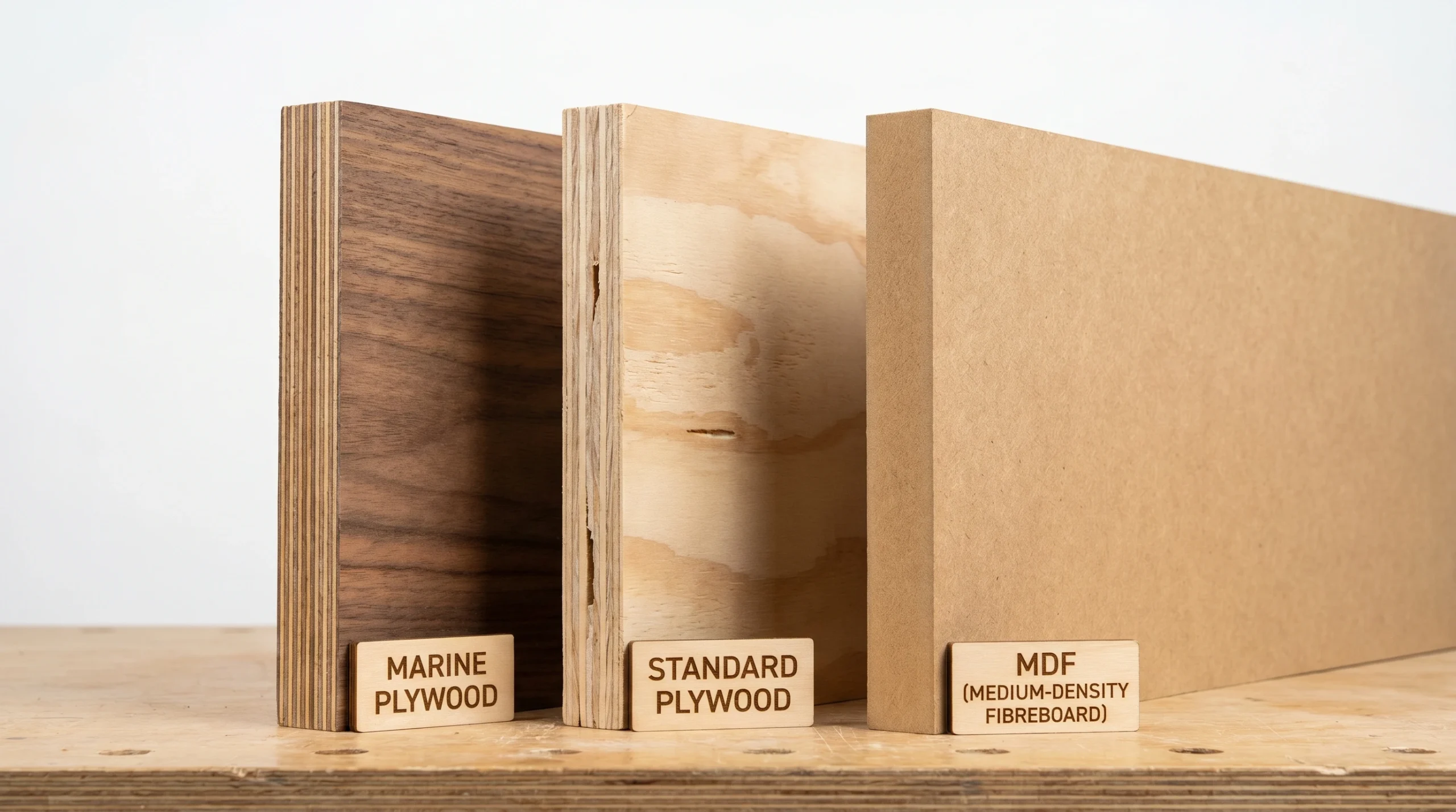 Marine plywood versus MDF material comparison for Dubai home carpentry, showing cross-section and layer structure