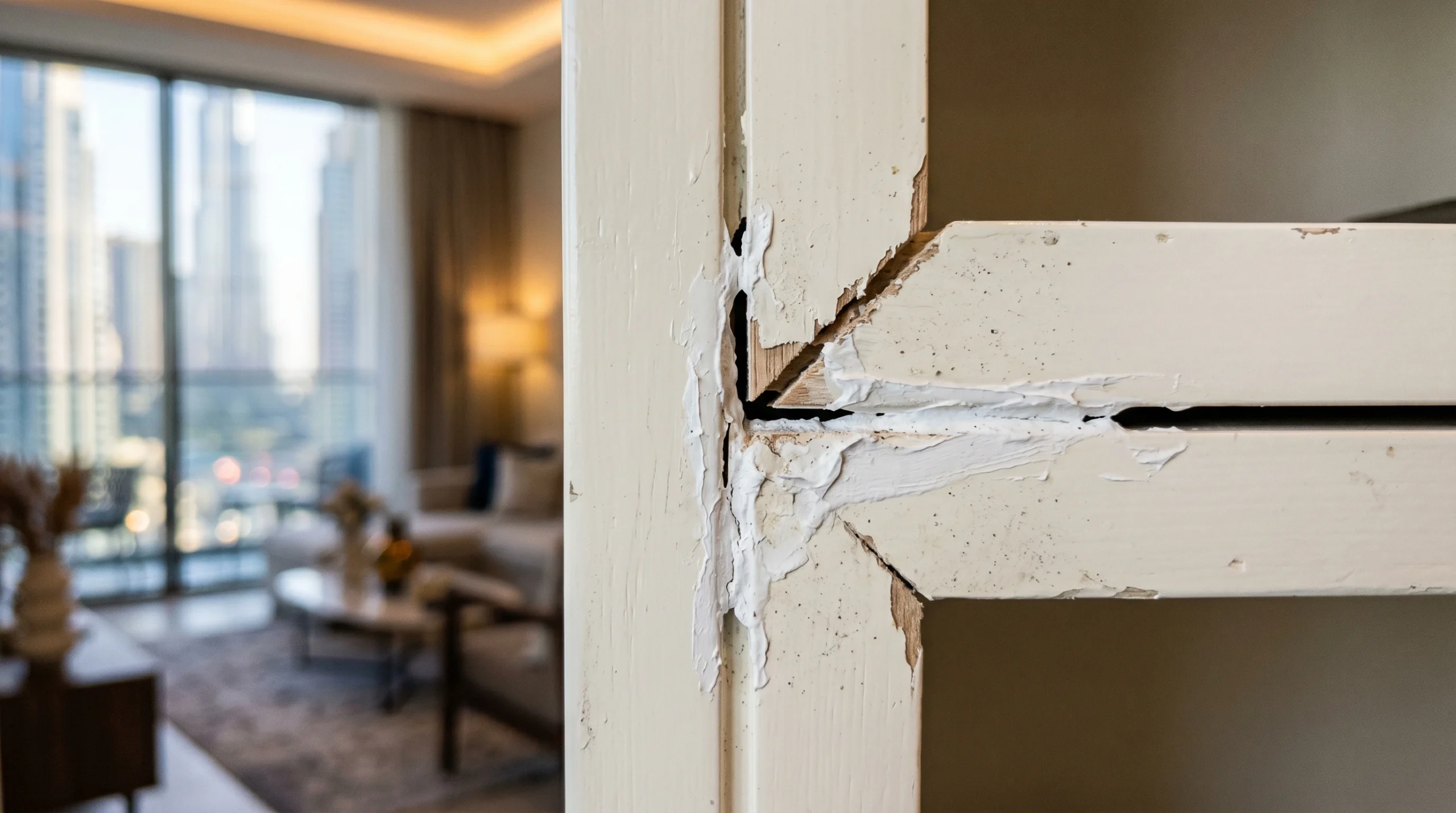 Poor quality carpentry mitre joint with visible gap and filler, a common warning sign in Dubai homes