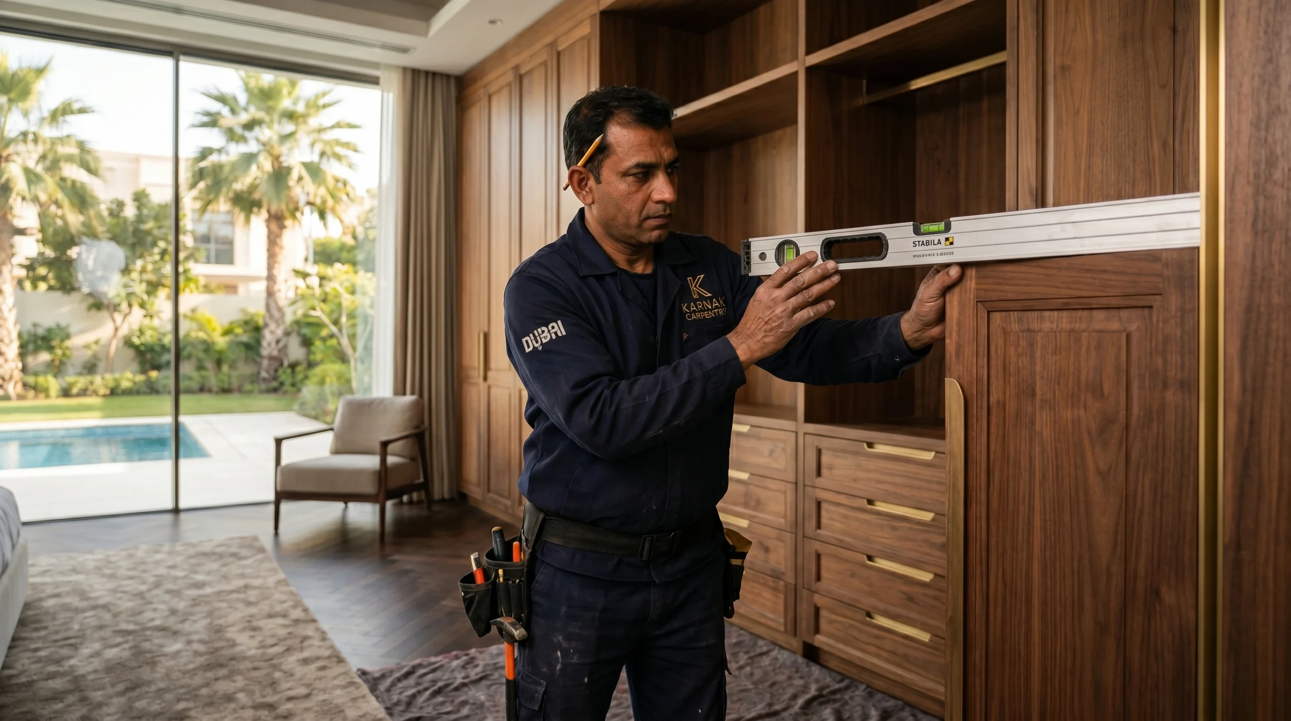 Poor quality carpentry warning signs being checked by a Karnak master craftsman in a Dubai villa