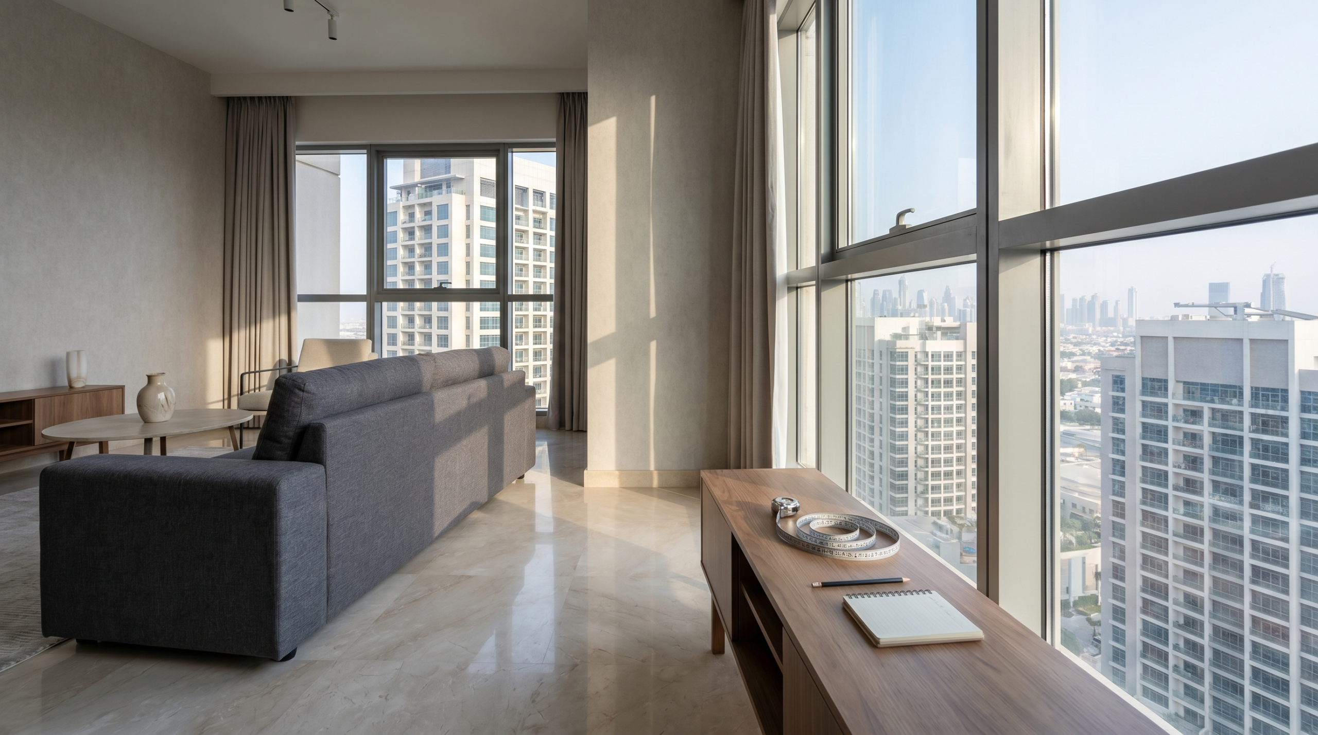 Homeowner preparing Dubai apartment living room for carpentry installation