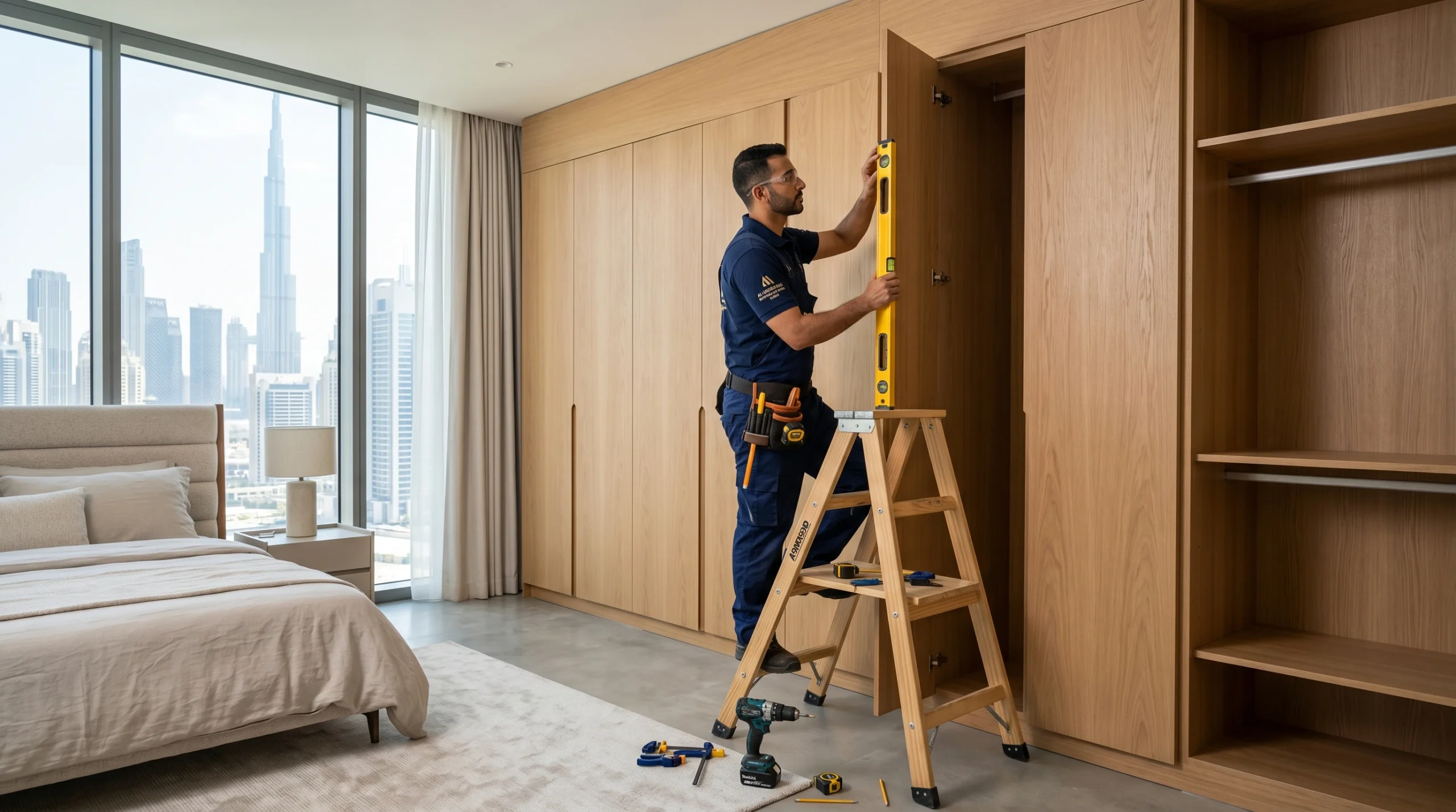 Professional carpenter installing custom fitted wardrobe in Dubai bedroom, floor to ceiling installation