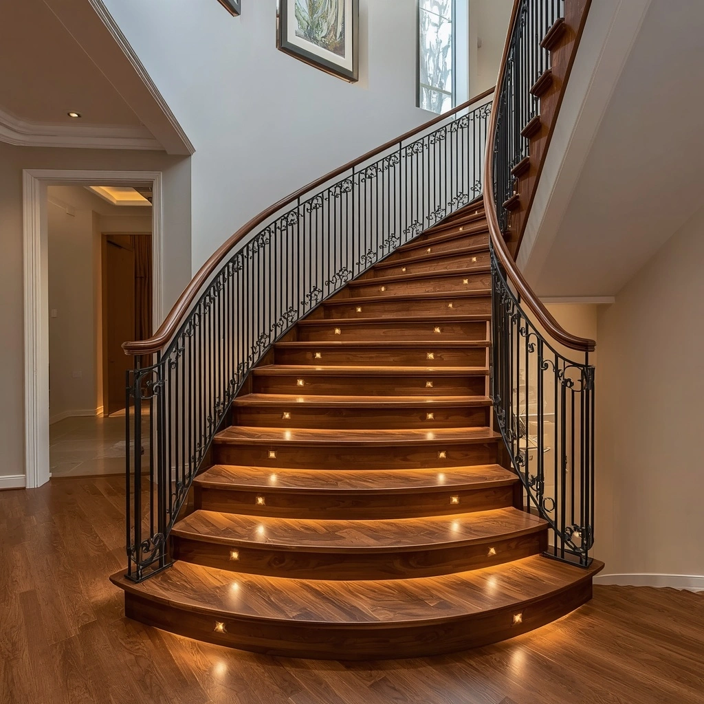 Solid hardwood stair treads with engineered wood landing in Dubai villa