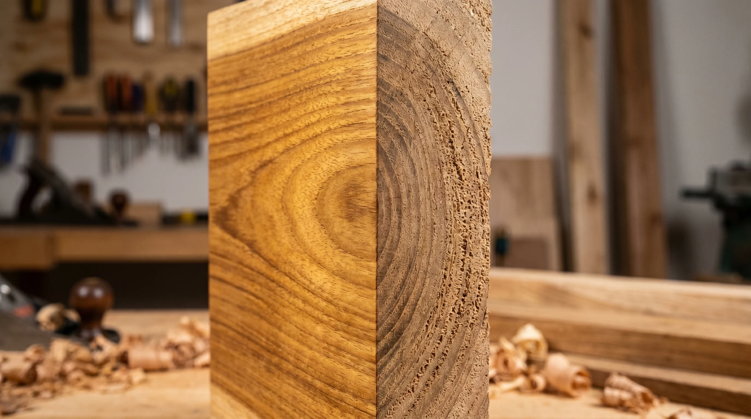 Solid teak wood with satin finish used in Dubai carpentry projects, showing grain detail and durability