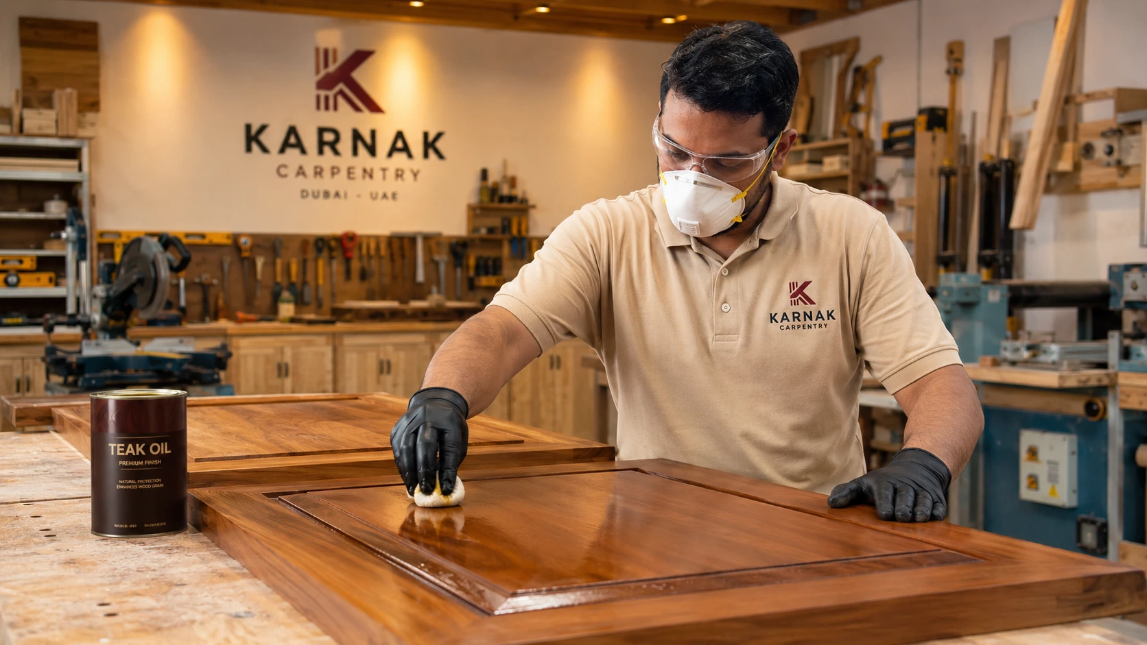 Karnak Carpentry craftsman applying oil finish to solid teak wood joinery in Dubai workshop