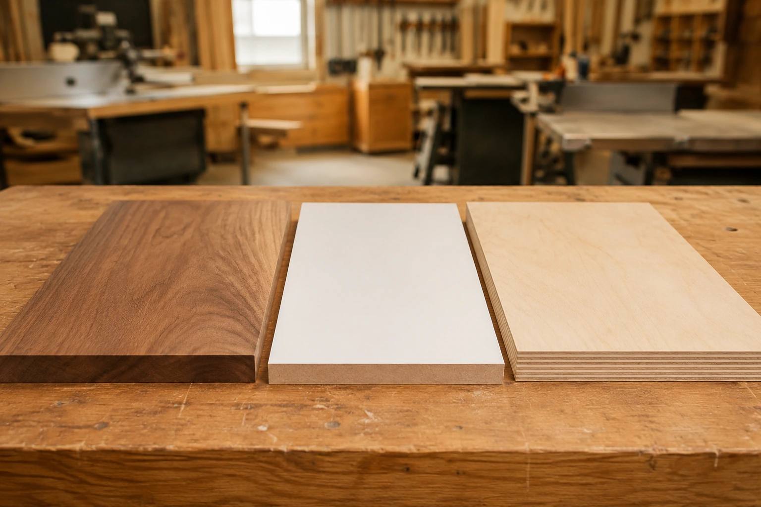 Solid wood vs MDF vs plywood comparison samples in a Dubai carpentry workshop, Karnak Carpentry