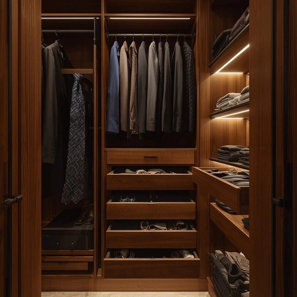 Specialty wardrobe fittings including trouser rack, tie organizer and jewelry drawer in a Dubai walk-in wardrobe