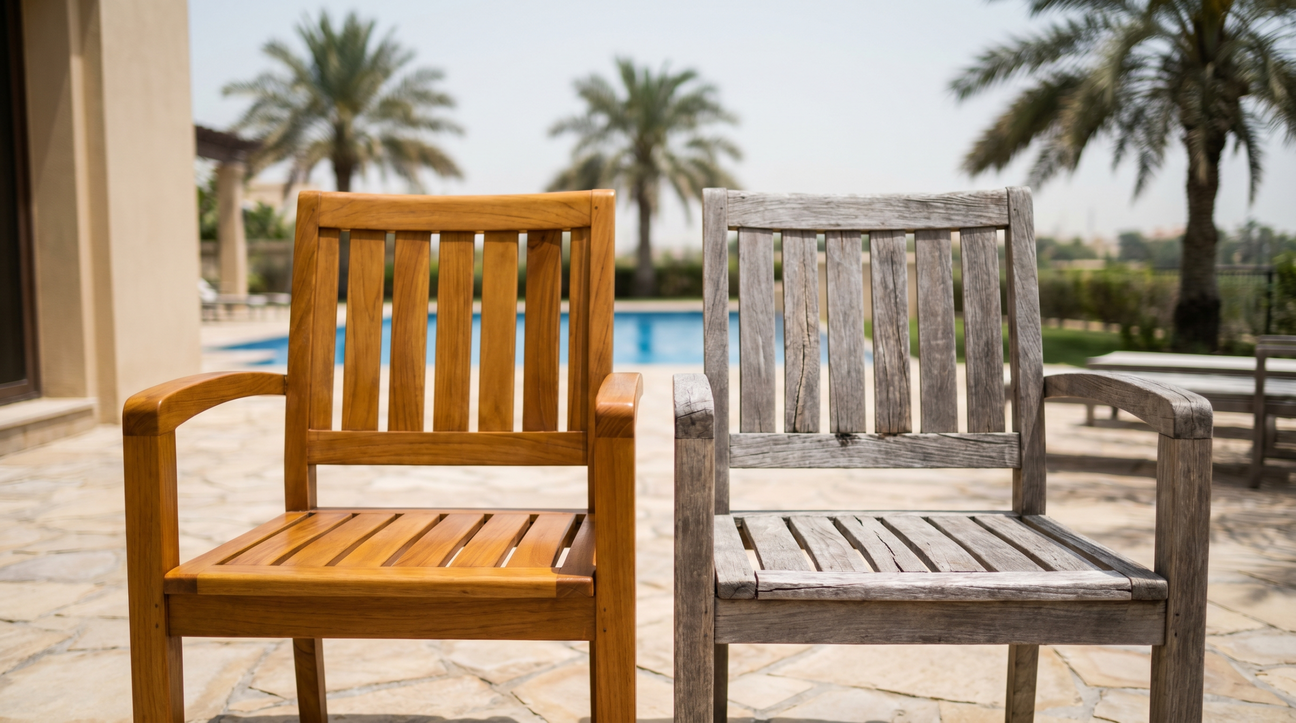 Teak outdoor furniture Dubai terrace showing maintained versus neglected condition comparison