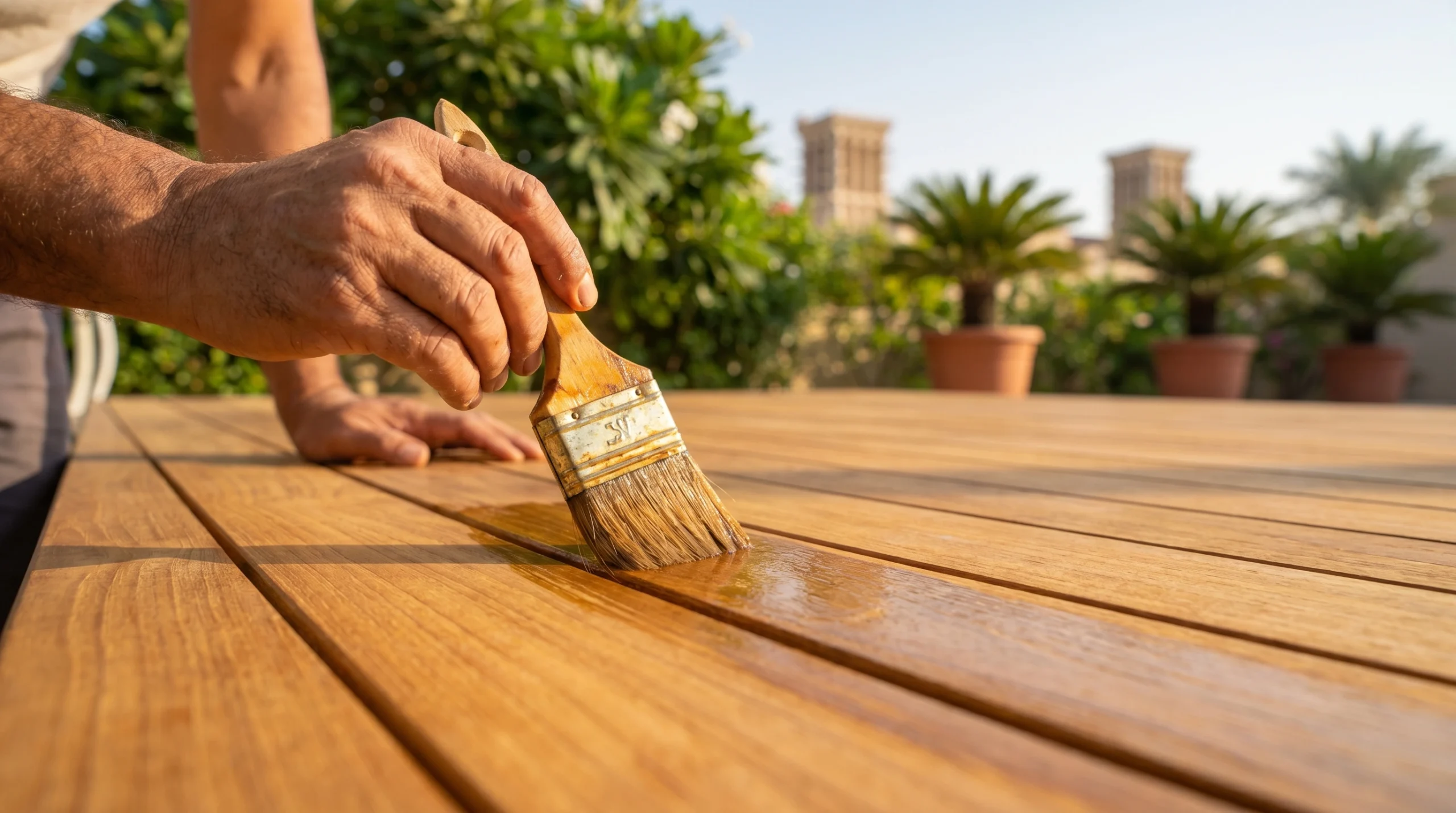 Craftsman applying teak oil to outdoor deck boards in Dubai garden, maintenance for teak wood outdoor UAE