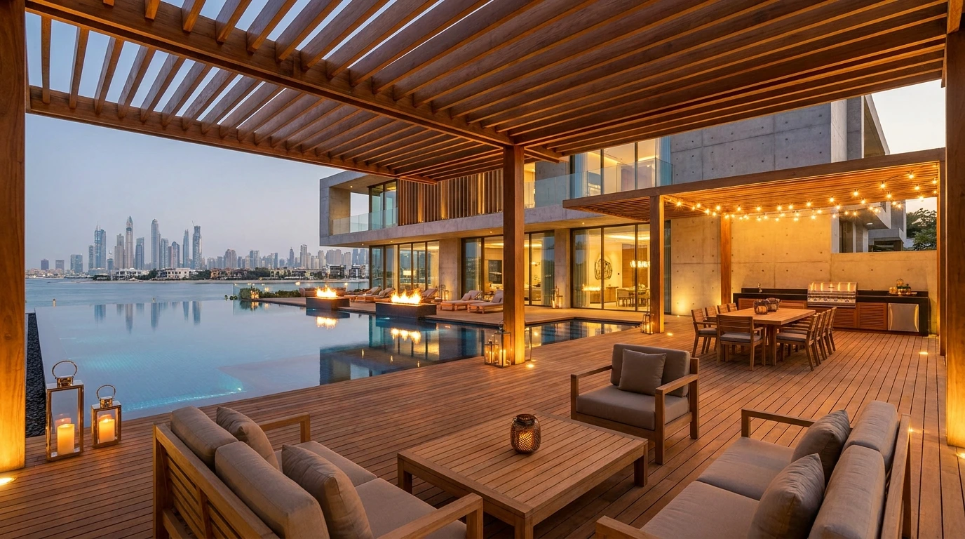 Luxury teak outdoor living space with pergola and decking at Dubai villa, teak wood outdoor UAE