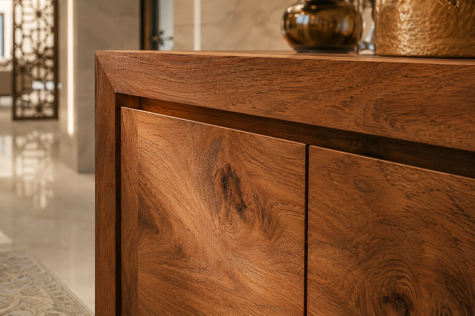 Teak solid wood custom cabinet installed in a Dubai villa by Karnak Carpentry