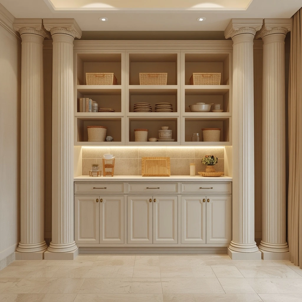 Custom built-in utility room and pantry joinery in a Dubai villa with tall storage columns and organized shelving