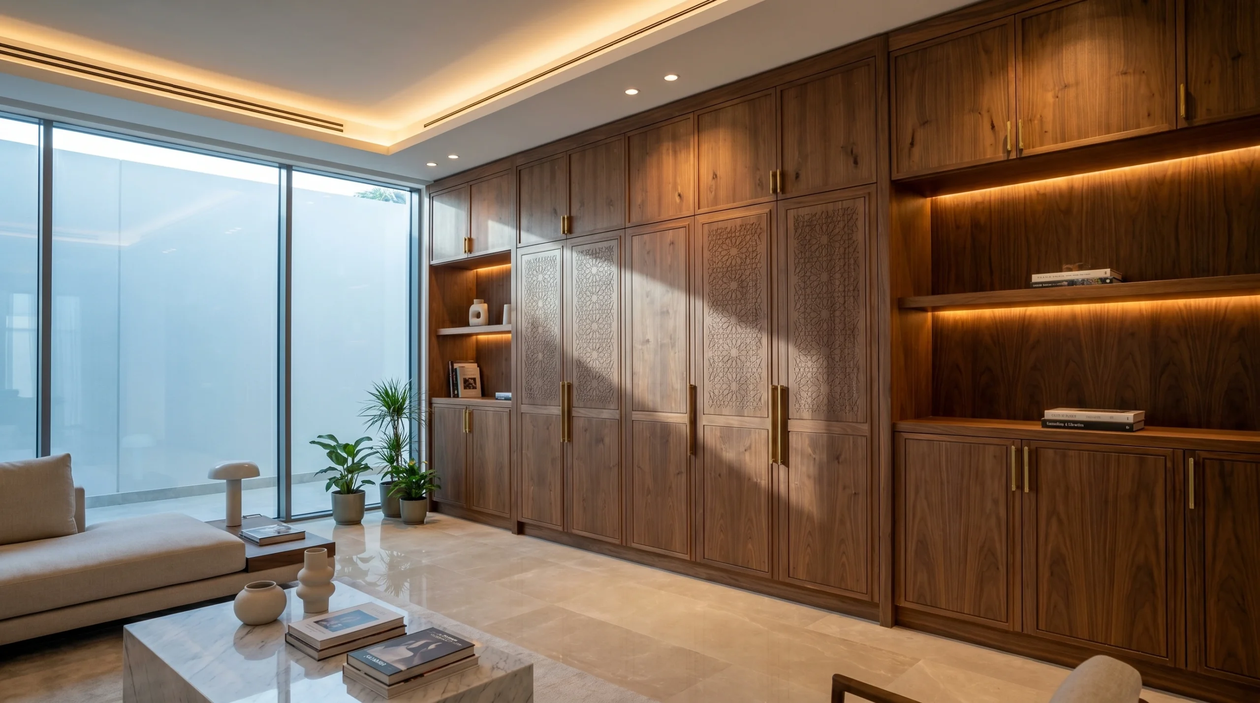 Veneer wood cabinetry in a luxury Dubai villa interior by Karnak Carpentry 