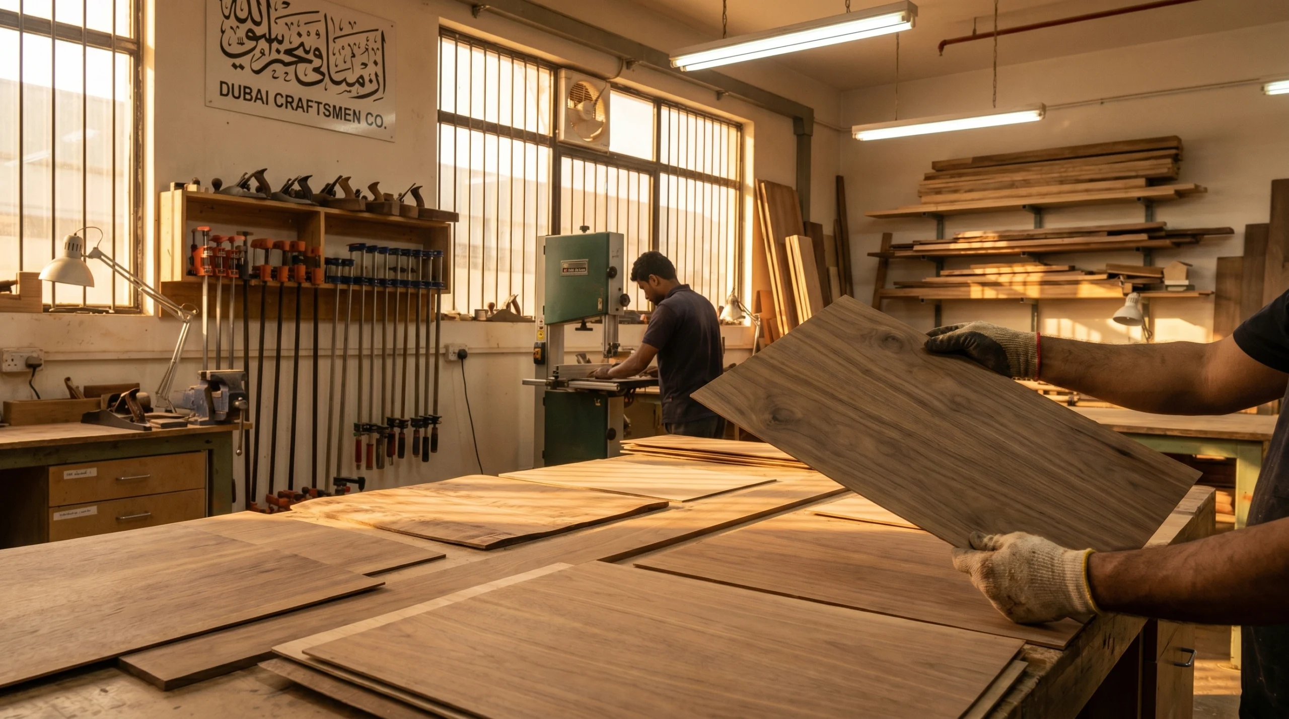 Craftsman examining wood veneer sheets in a Dubai carpentry workshop for quality selection