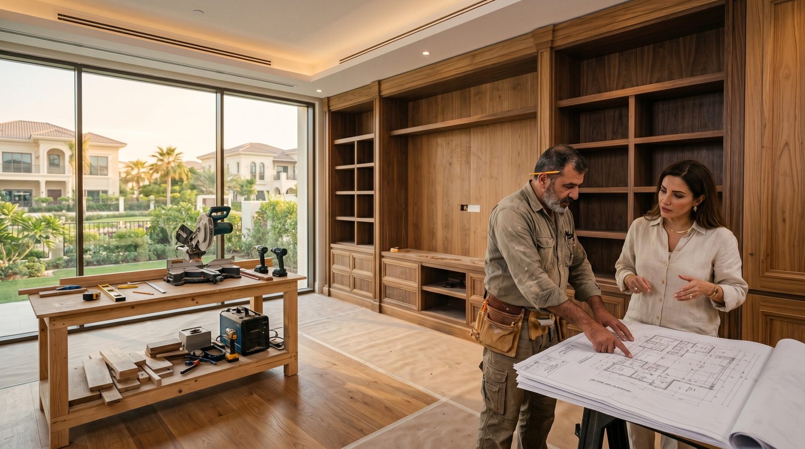 Villa carpentry fit-out budget Dubai planning with craftsman and homeowner reviewing designs