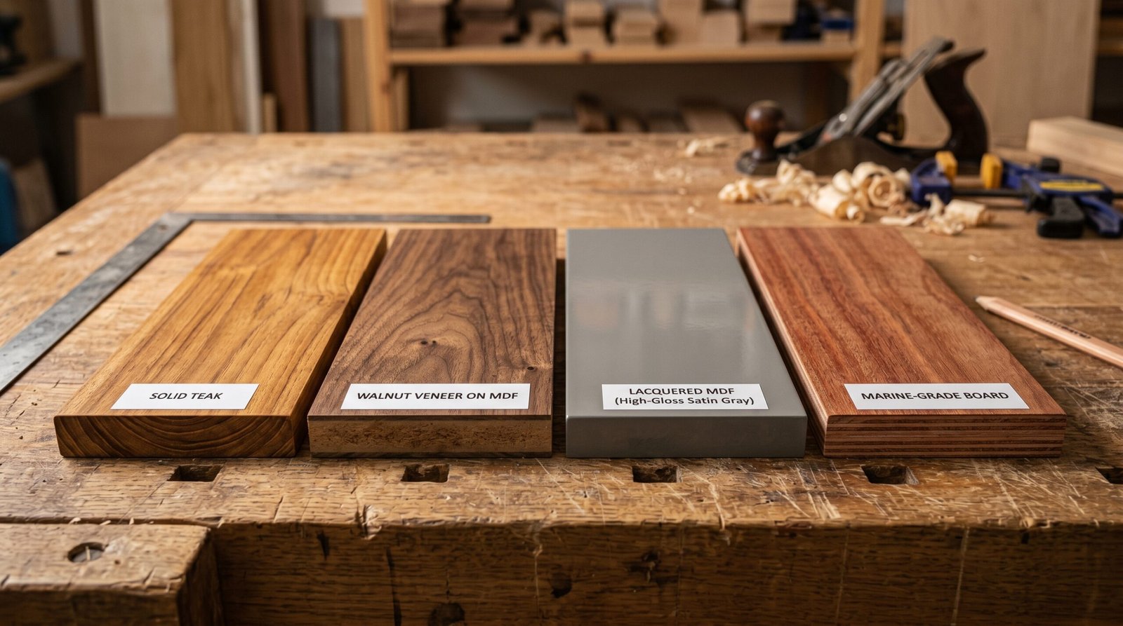 Carpentry material options for Dubai villa fit-out including teak veneer, lacquered MDF, and marine board