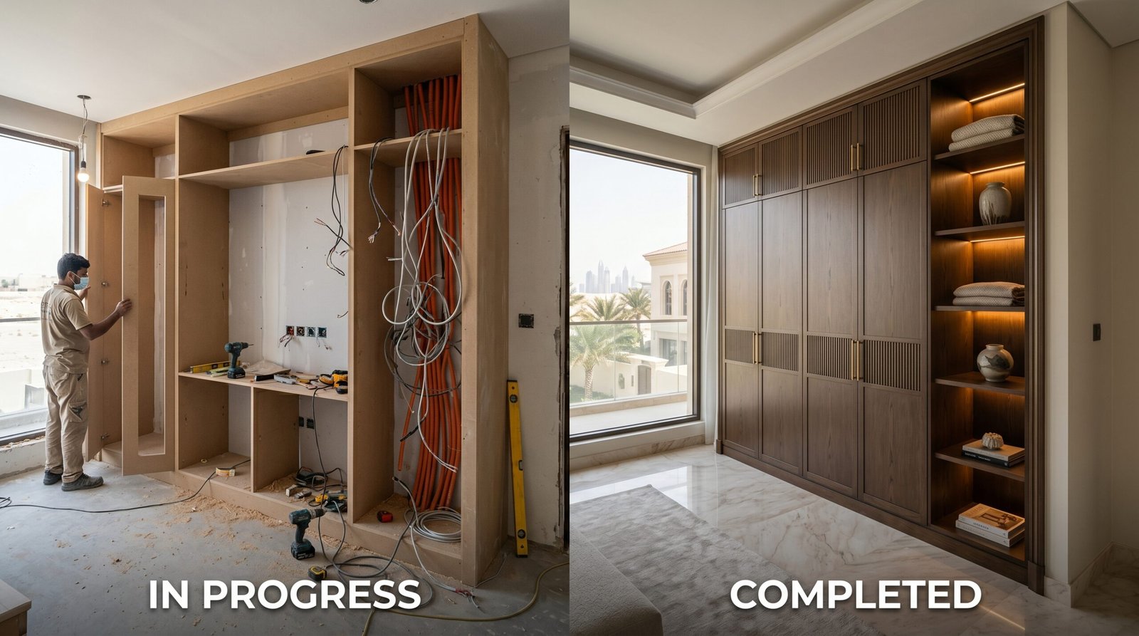 Common villa fit-out mistakes Dubai showing incomplete versus completed carpentry installation