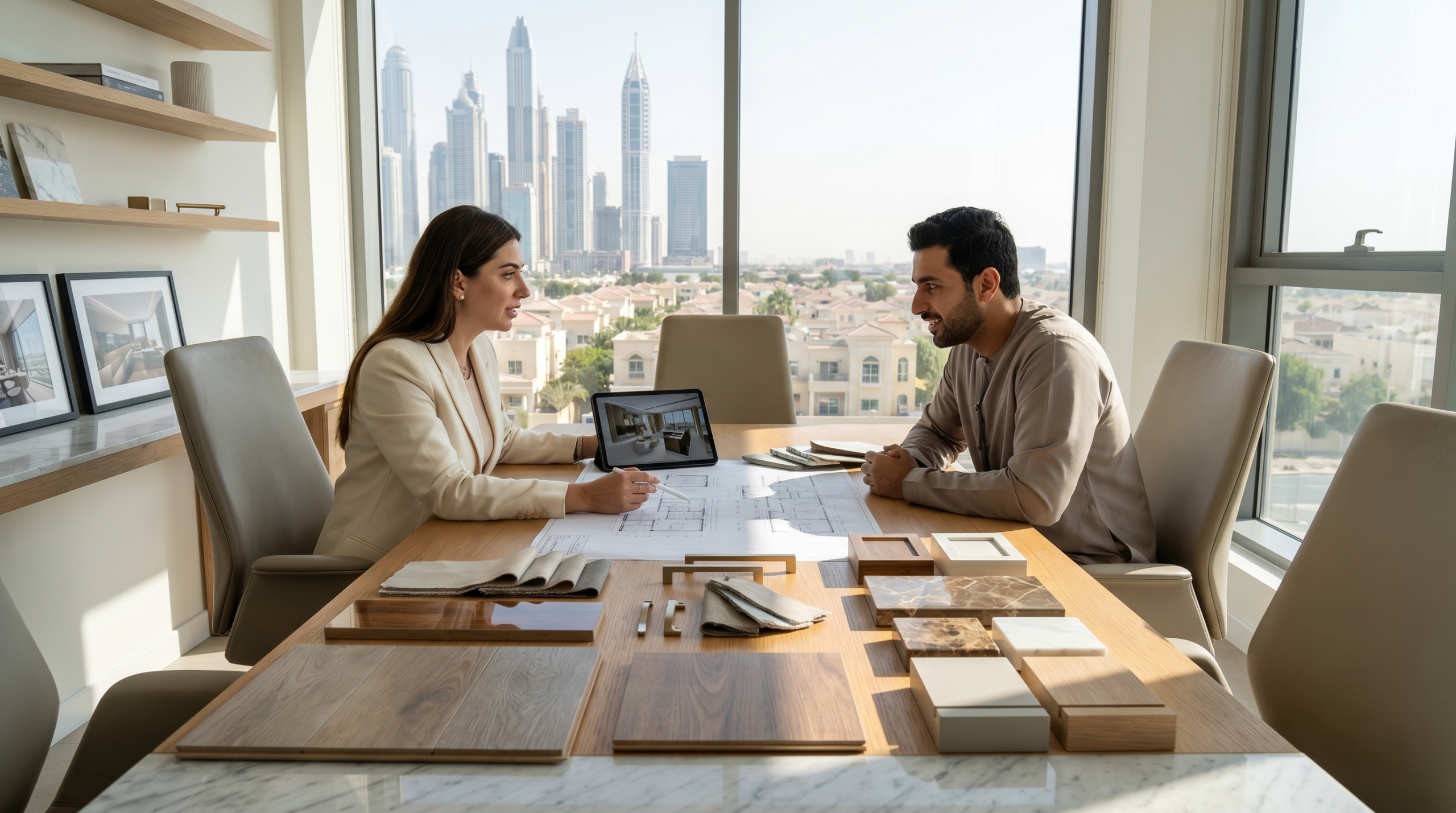 Homeowner discussing villa fit-out timeline questions with a Karnak Carpentry consultant in Dubai during a free consultation