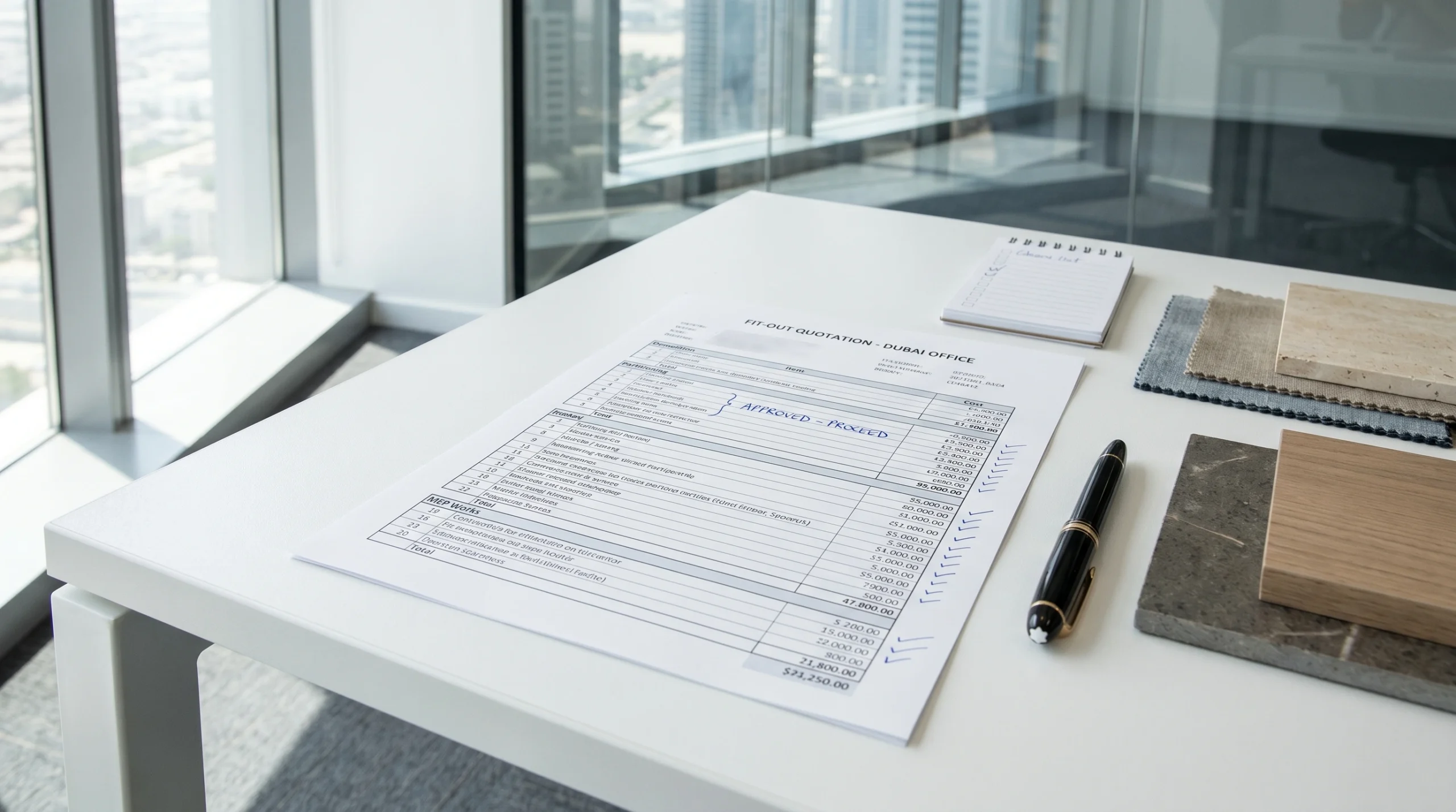 Detailed villa fit-out quote document checklist laid out on a desk in Dubai showing scope of works materials timeline and payment terms
