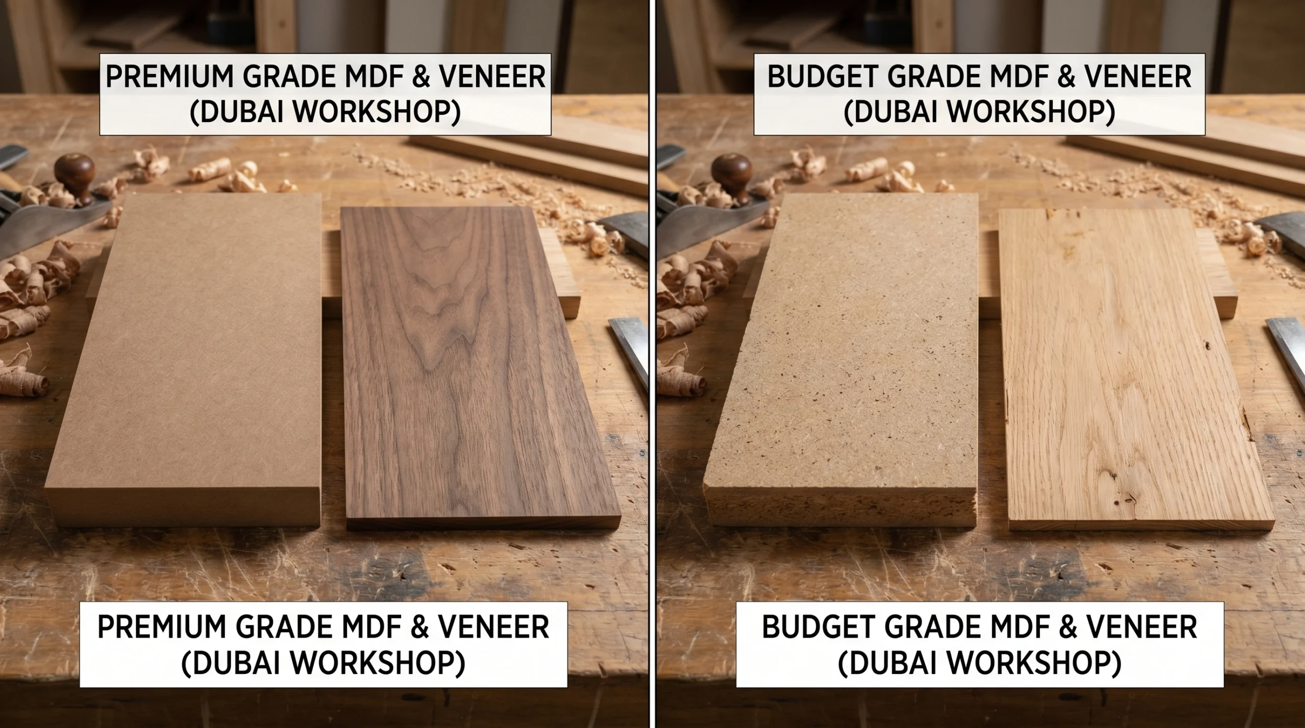Side by side comparison of high quality and low quality carpentry board materials used in villa fit-out quotes in the UAE