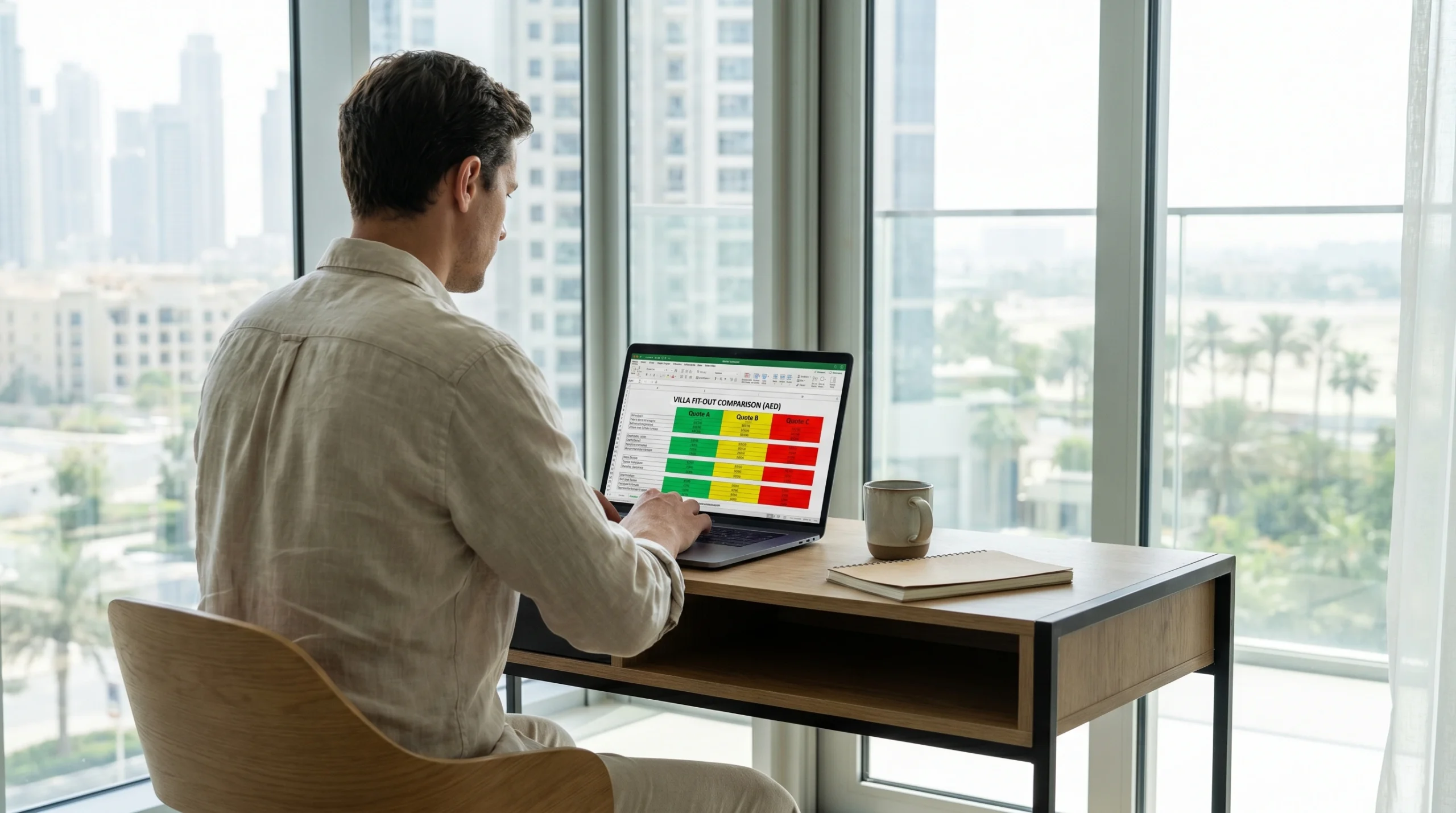 Homeowner using a comparison matrix spreadsheet on a laptop to evaluate three villa fit-out contractor quotes side by side in Dubai