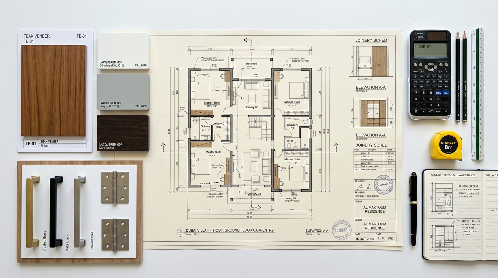Room by room villa fit-out cost breakdown Dubai showing planning documents and material samples