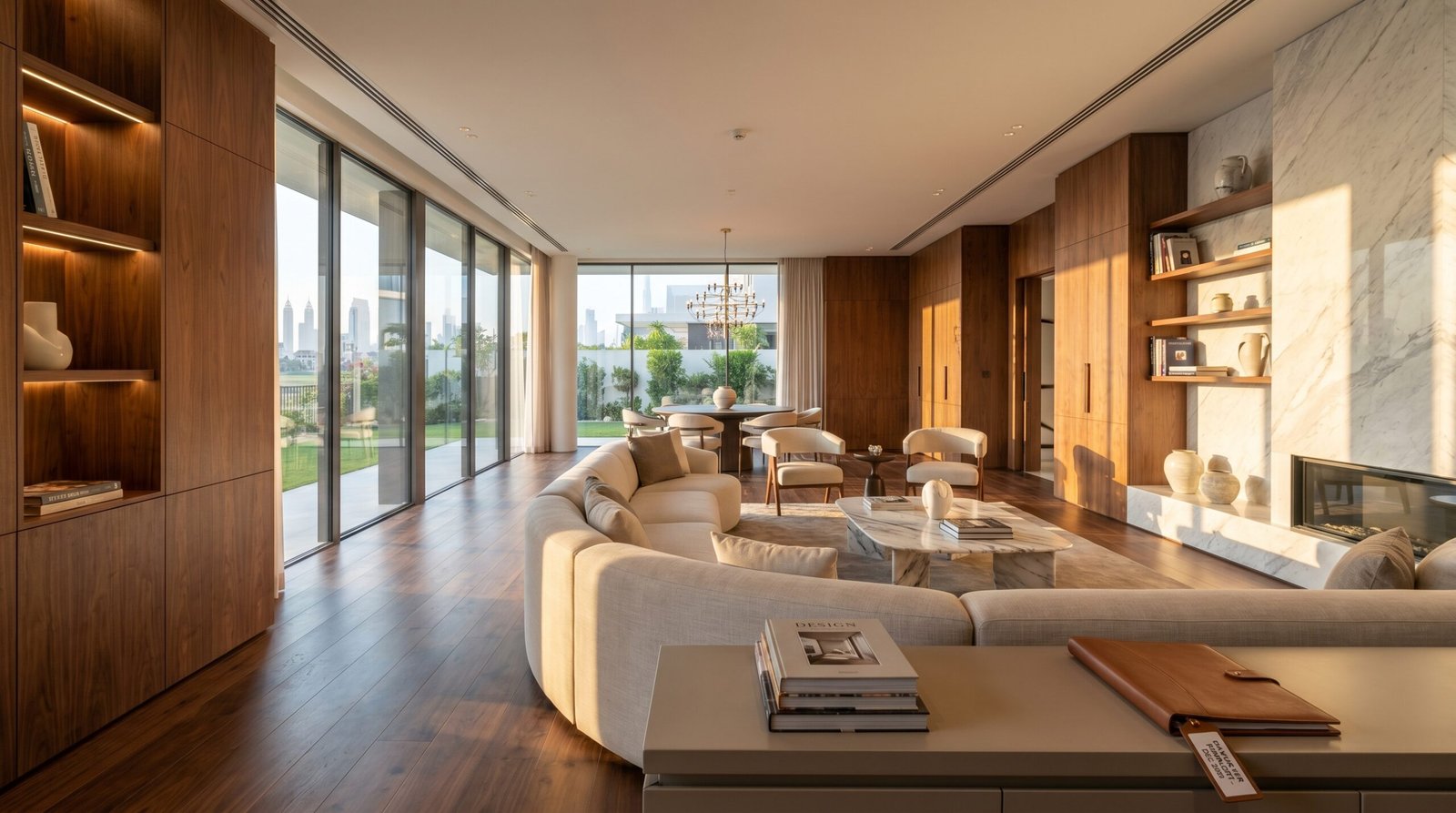 Villa fit-out timeline Dubai showing a beautifully completed luxury villa interior with custom carpentry and premium flooring