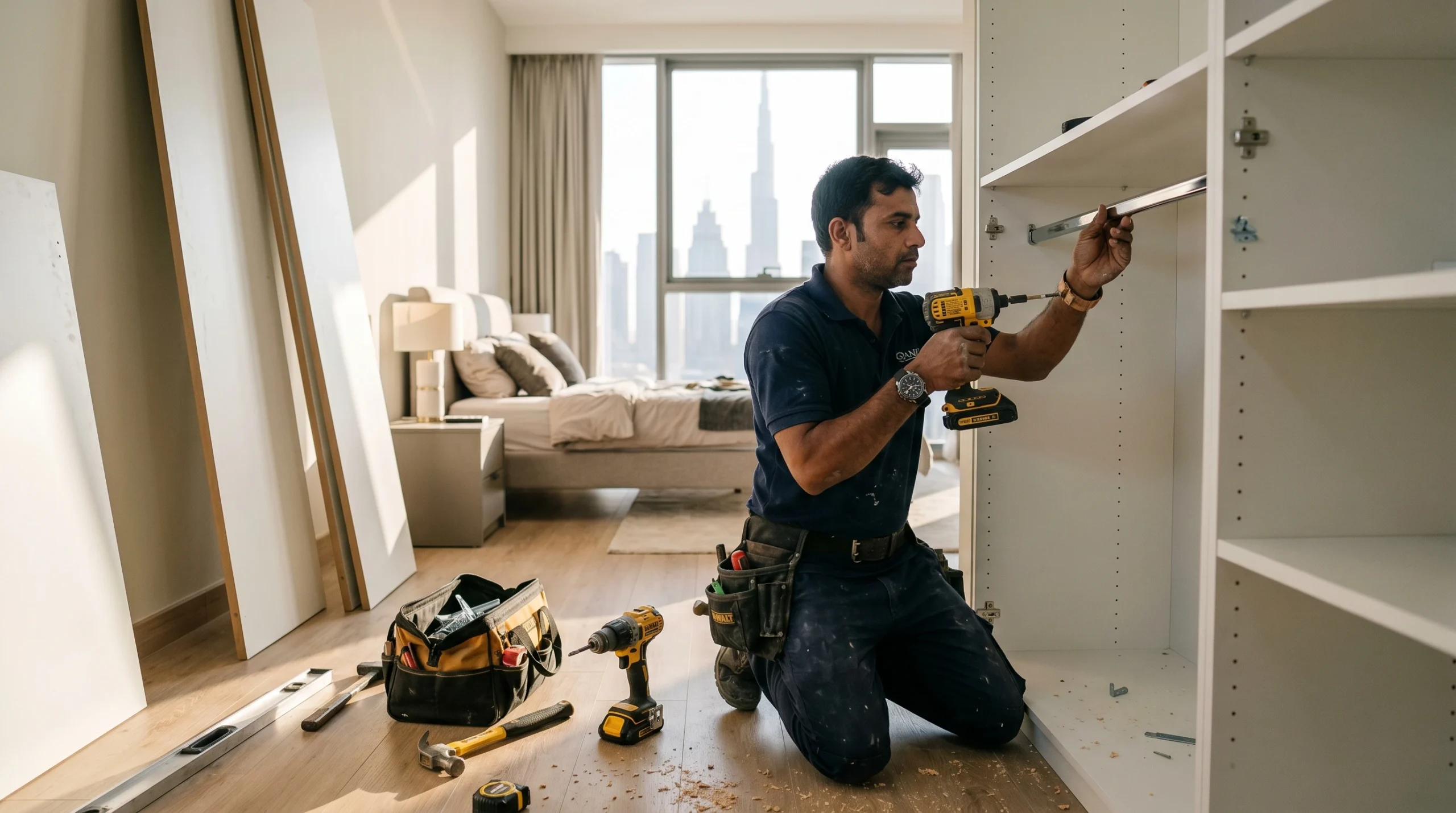 Professional wardrobe interior fittings installation in a Dubai apartment showing rails and shelving being fitted