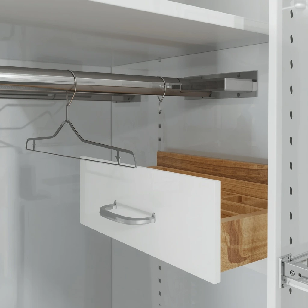 Chrome hanging rail and pull-out drawer fittings inside a custom wardrobe in a Dubai apartment